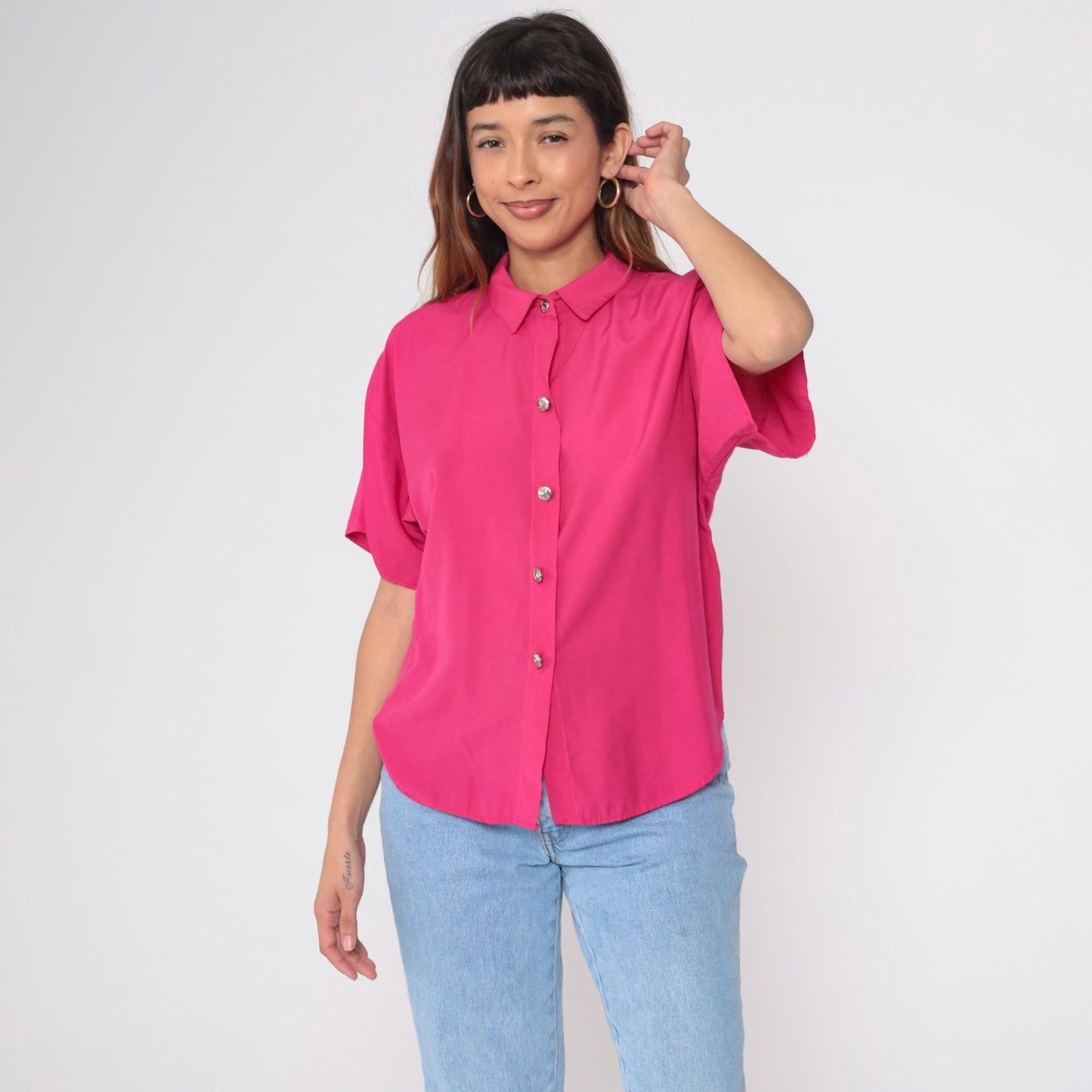 90s La Fever Hot Pink Button Up Blouse Silver Buttons Short Sleeve Medium M