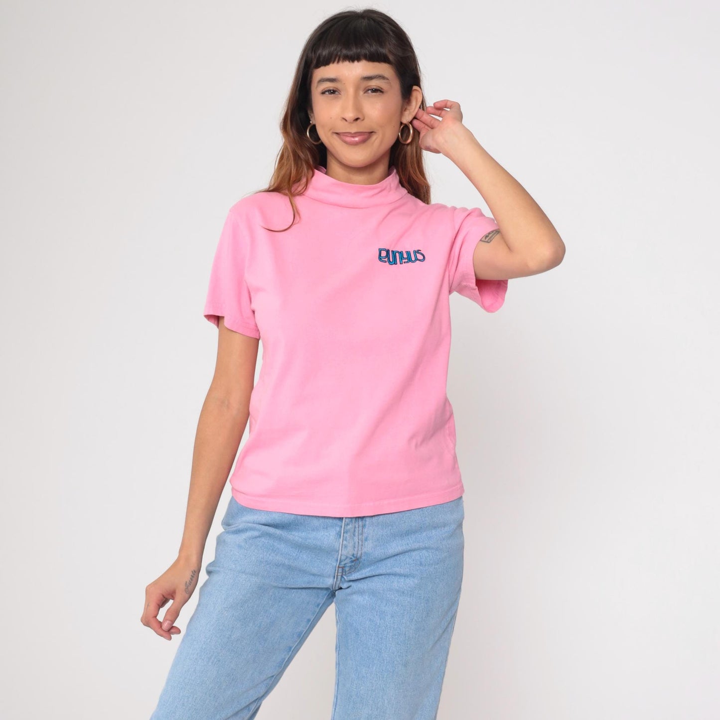 90s Punyus Y2K Pink Cotton Mock Neck Tee Japanese Brand Medium M