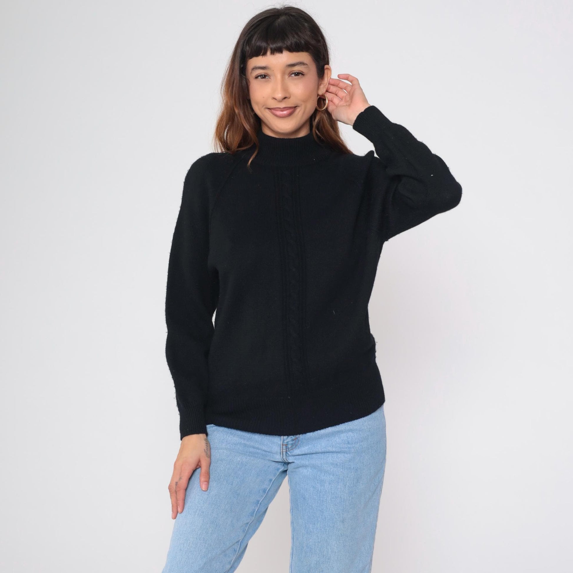 90s Liz Claiborne Black Merino Wool Mock Neck Sweater Cable Knit Small S