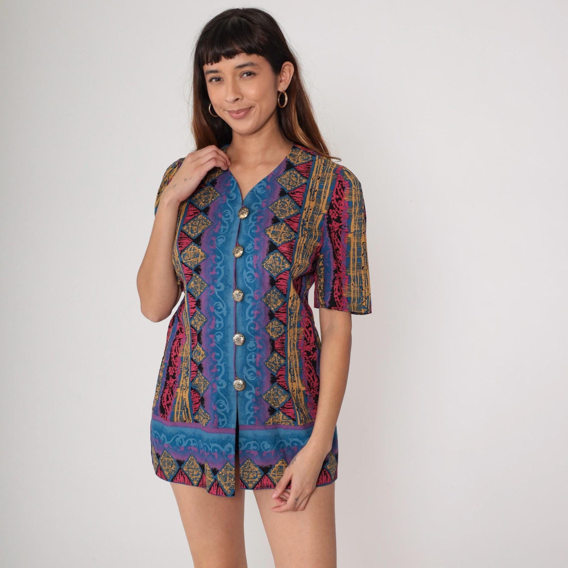 90s Tribal Geometric Mini Dress Blue Pink Gold Button Front Short Sleeve Medium