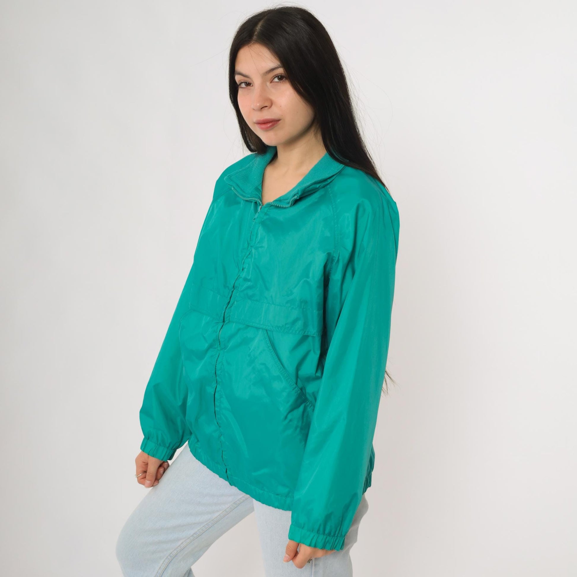 80s Teal Nylon Windbreaker Jacket Raglan Zip Lightweight Medium M
