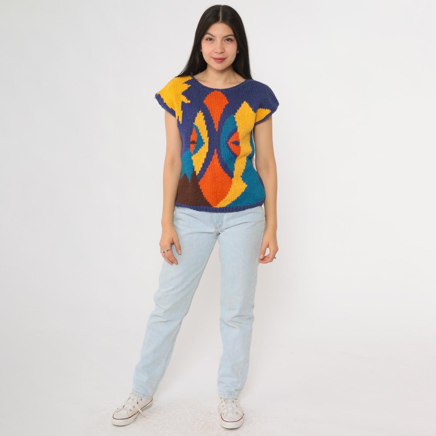 80s Jeanne Pierre Abstract Geometric Knit Vest Cap Sleeve Colorblock Medium