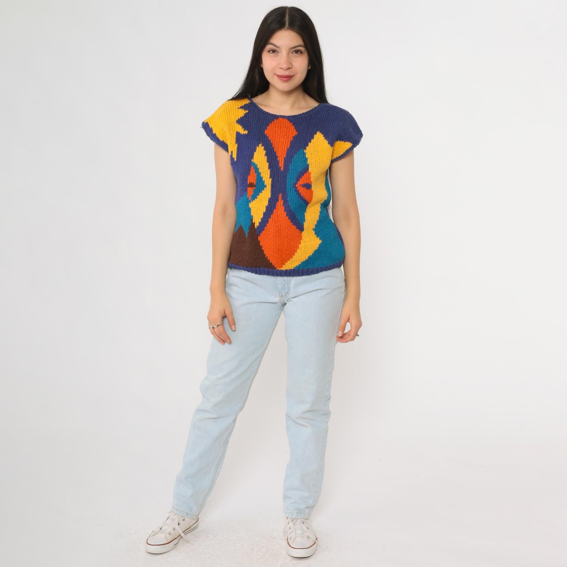 80s Jeanne Pierre Abstract Geometric Knit Vest Cap Sleeve Colorblock Medium