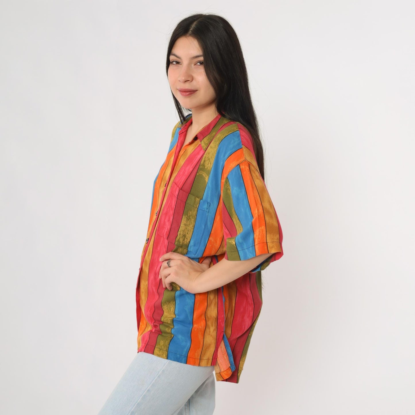 90s First Class Striped Button Down Shirt Rayon Multicolor Short Sleeve Large L