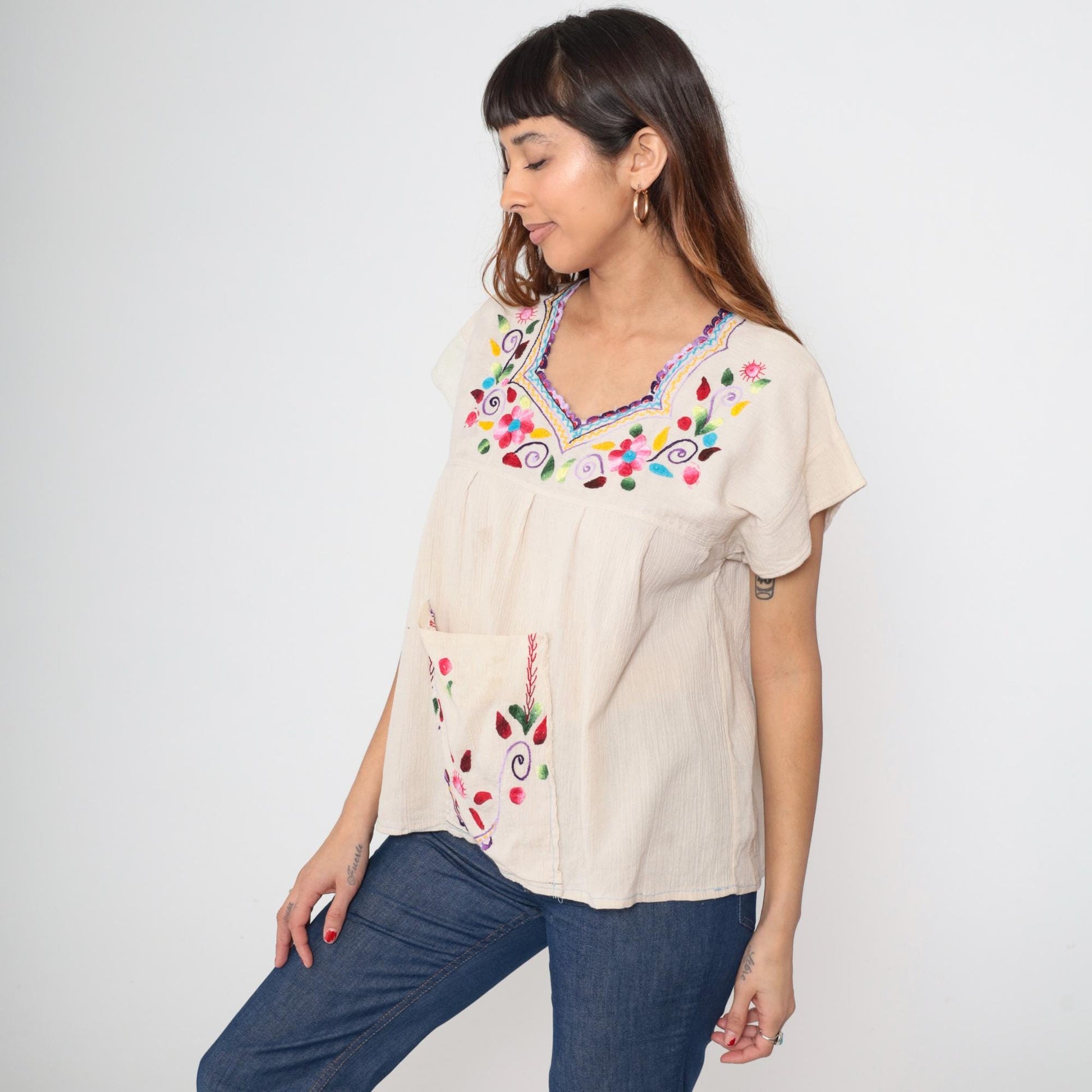 Y2K Mexican Embroidered Floral Cream Cotton Tunic Blouse Cap Sleeve Medium