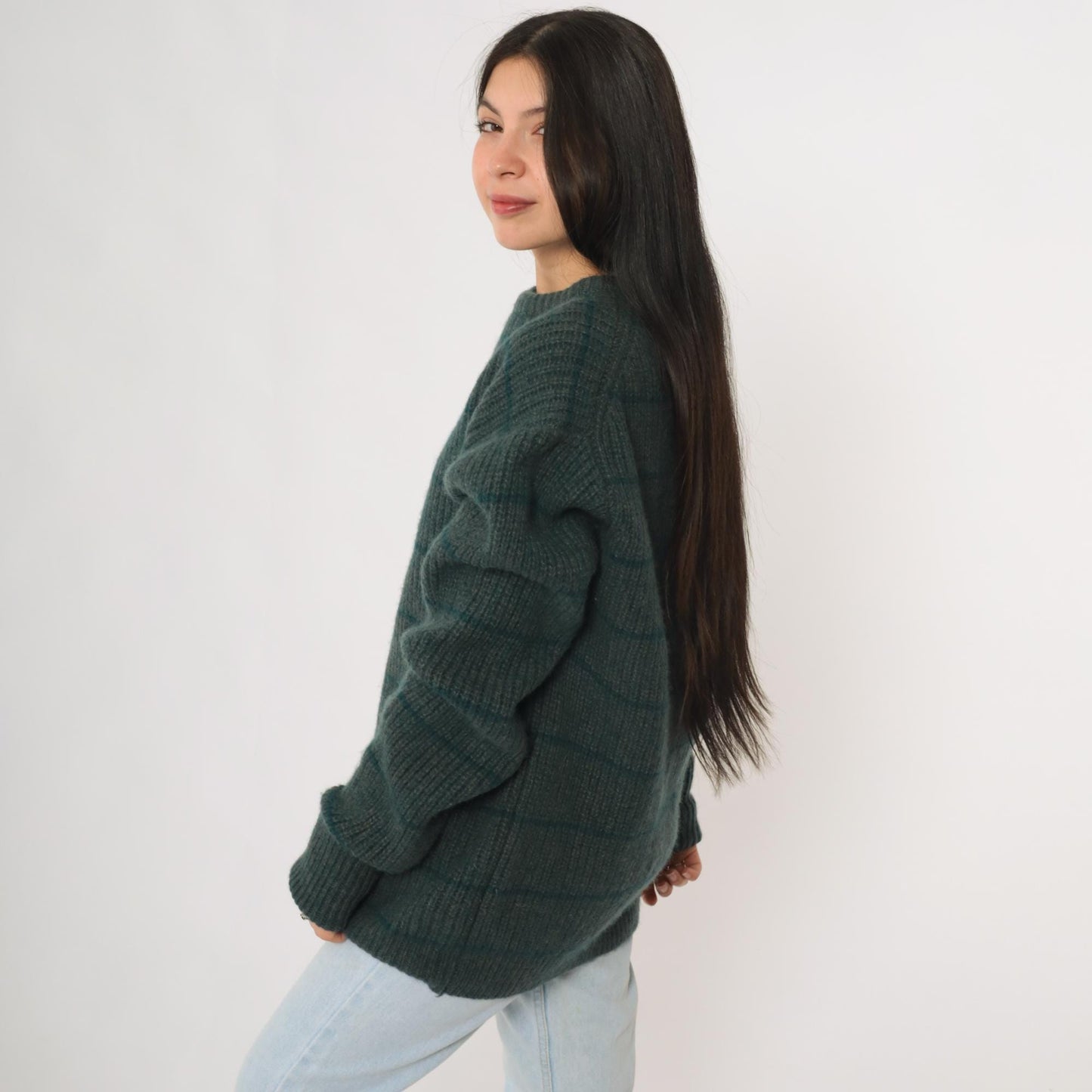 80s Fieldgear Wool Sweater Dark Teal Horizontal Stripe Ribbed Knit Extra Large XL