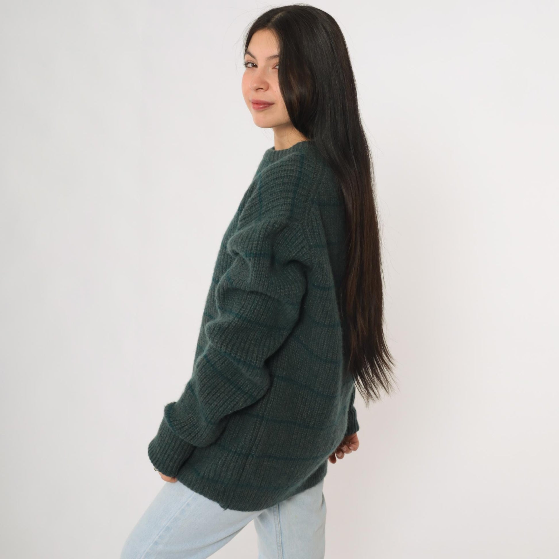80s Fieldgear Wool Sweater Dark Teal Horizontal Stripe Ribbed Knit Extra Large XL