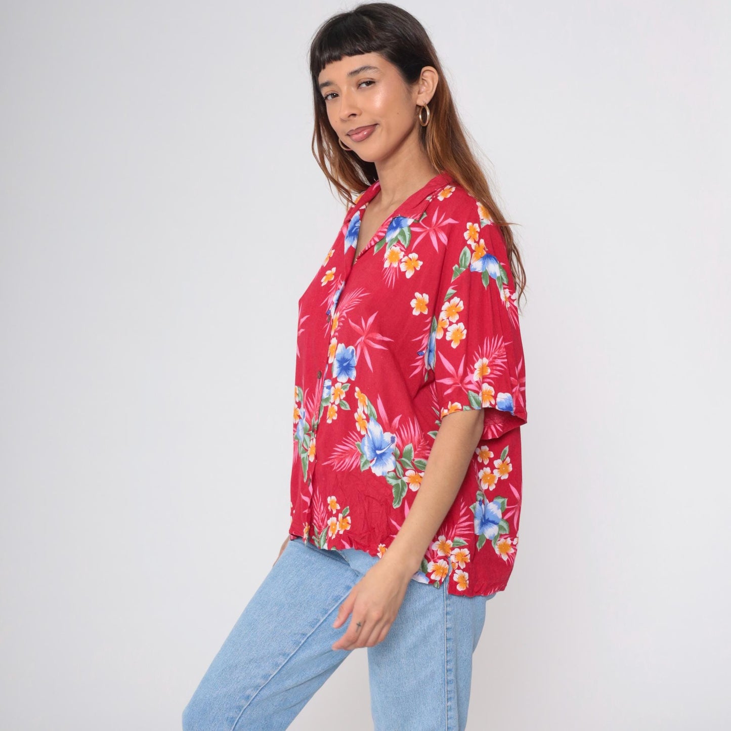 90s Red Tropical Floral Hawaiian Shirt Button-Up Rayon Blouse XL