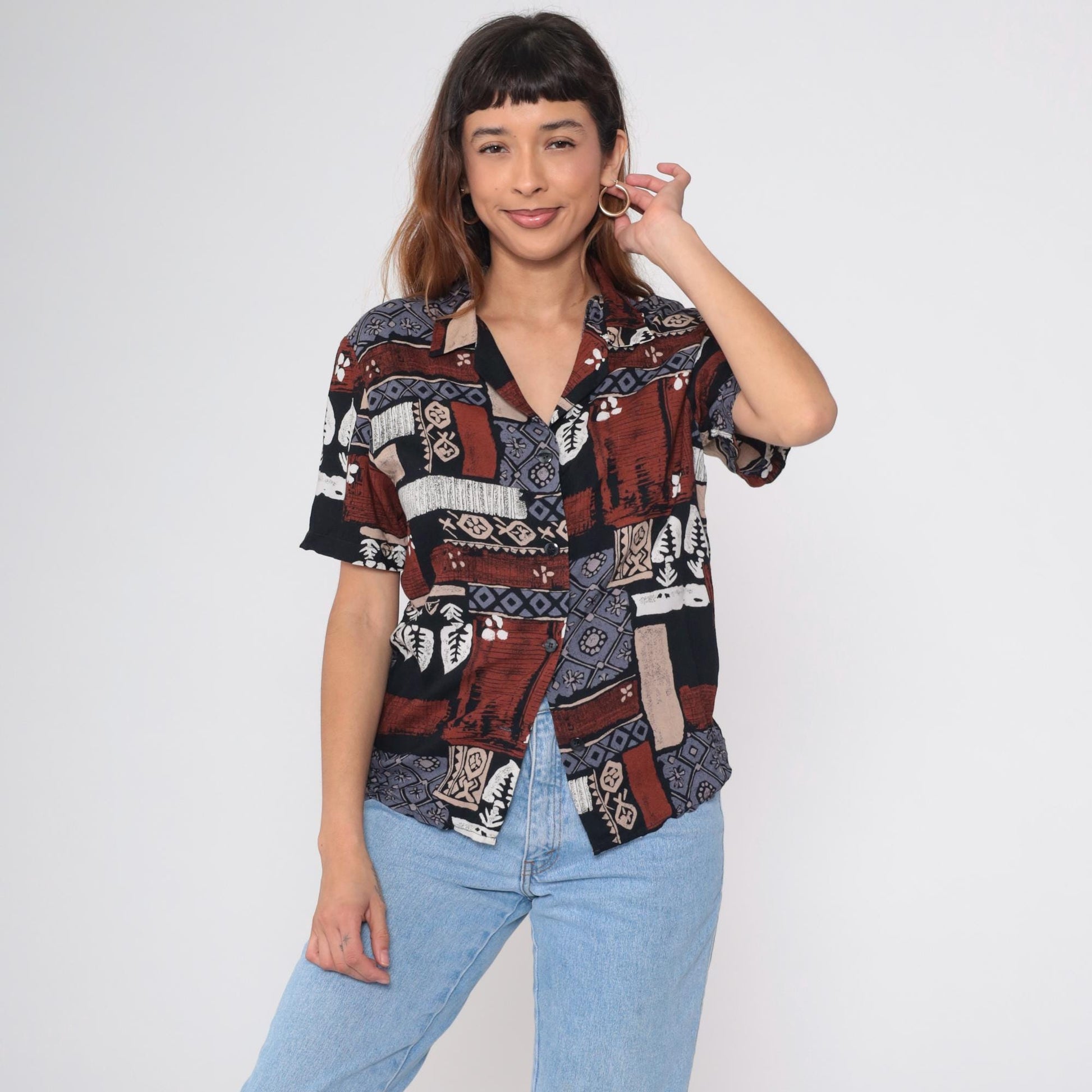 90s Radcliffe Batik Geometric Print Button Blouse Rust Blue Black Medium M