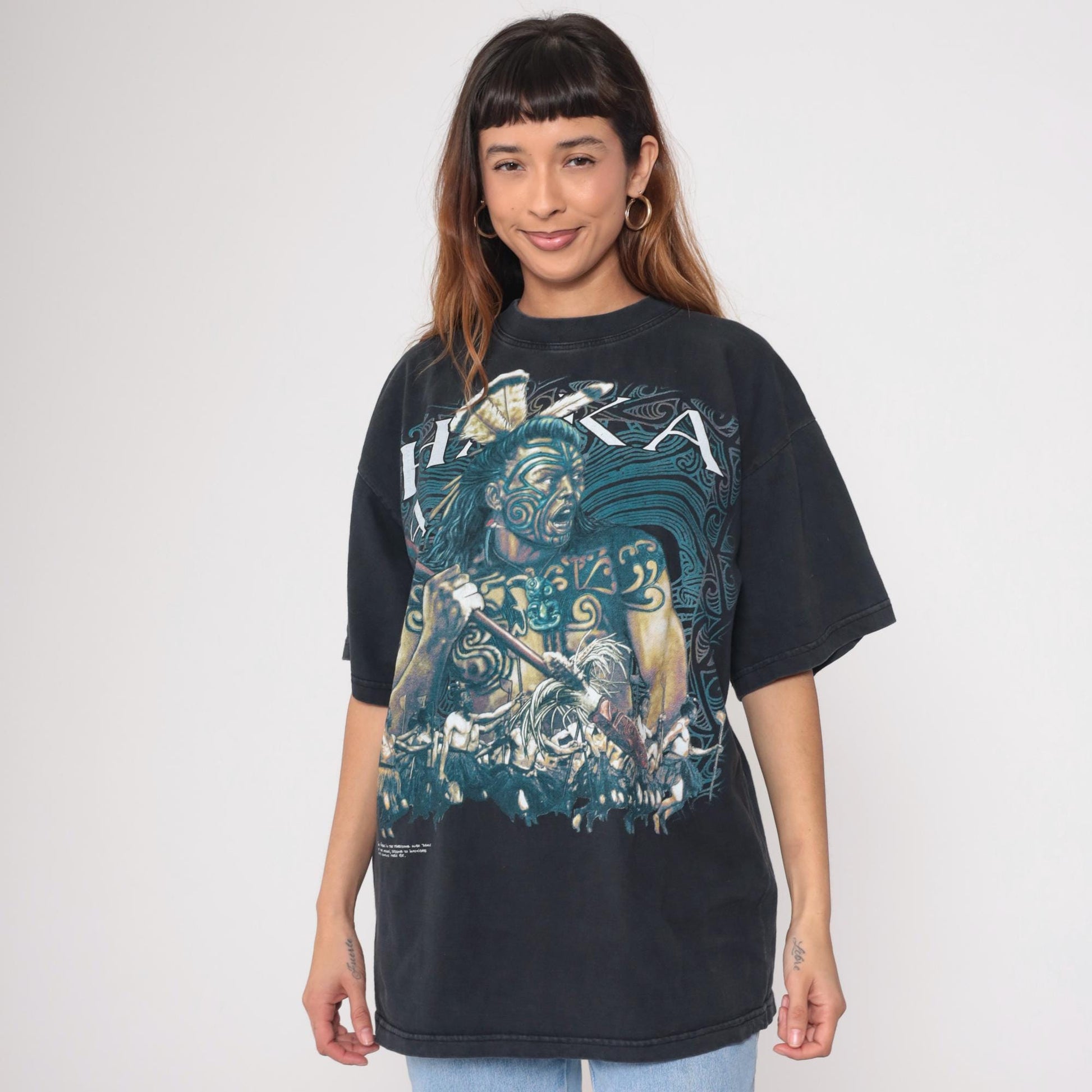90s Maori Warrior Aotearoa Black Graphic T-Shirt Cotton Taiaha XXL