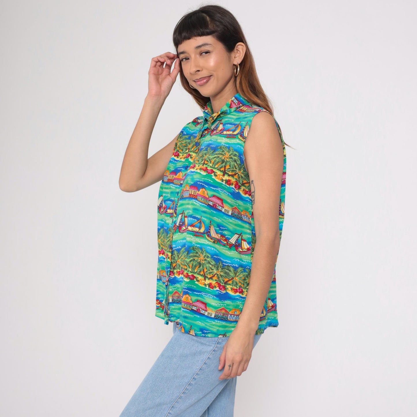 90s Caribou Tropical Island Sleeveless Shirt Teal Sailing Boat Print Extra Large