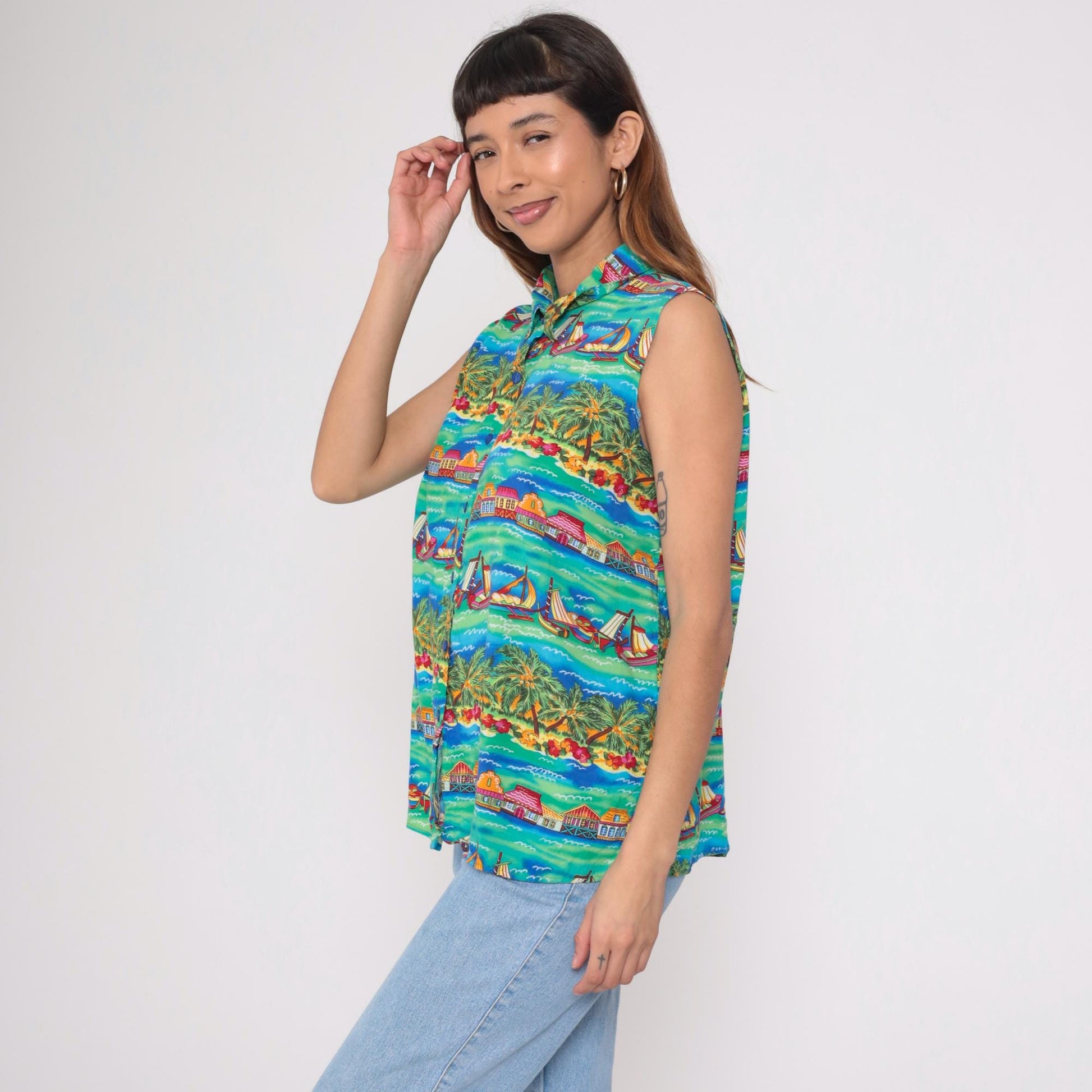 90s Caribou Tropical Island Sleeveless Shirt Teal Sailing Boat Print Extra Large