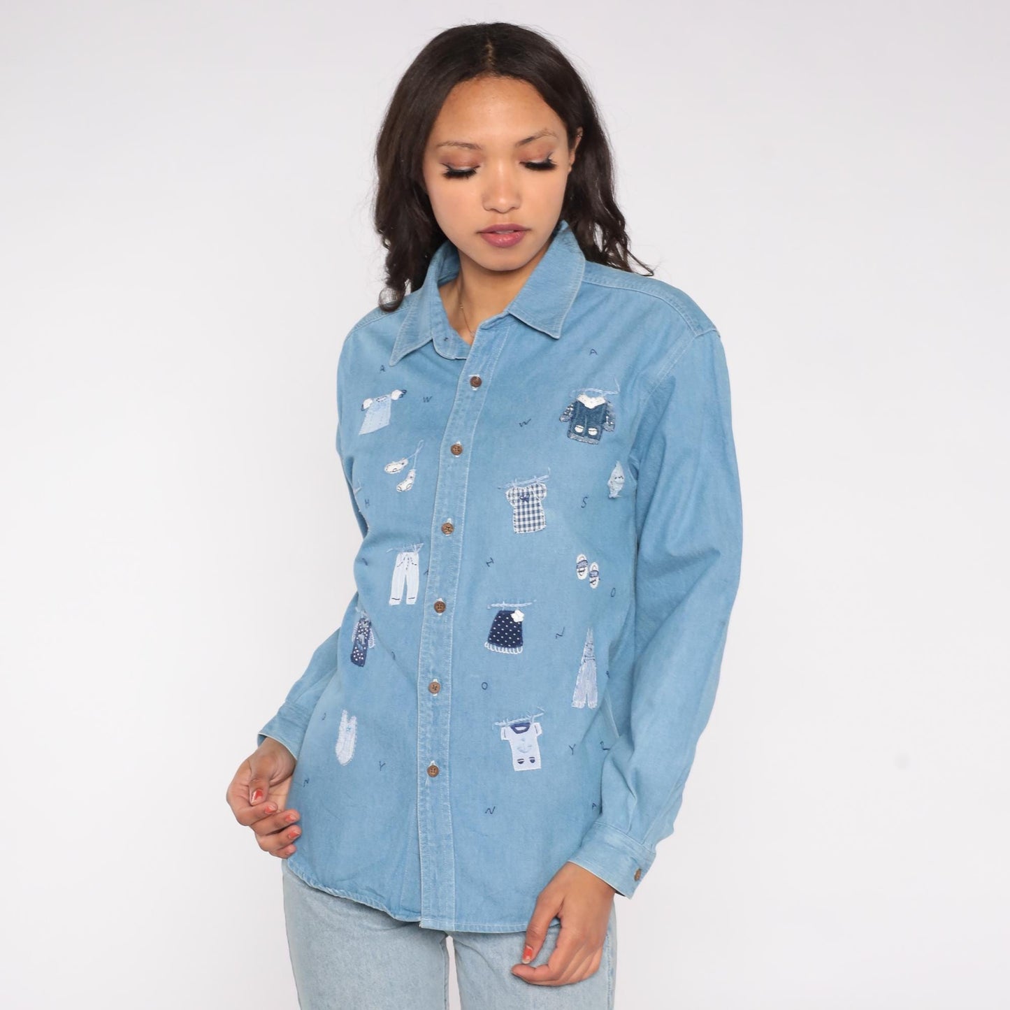 90s Gardy Teddy Bear Laundry Day Denim Shirt Blue Chambray Medium M