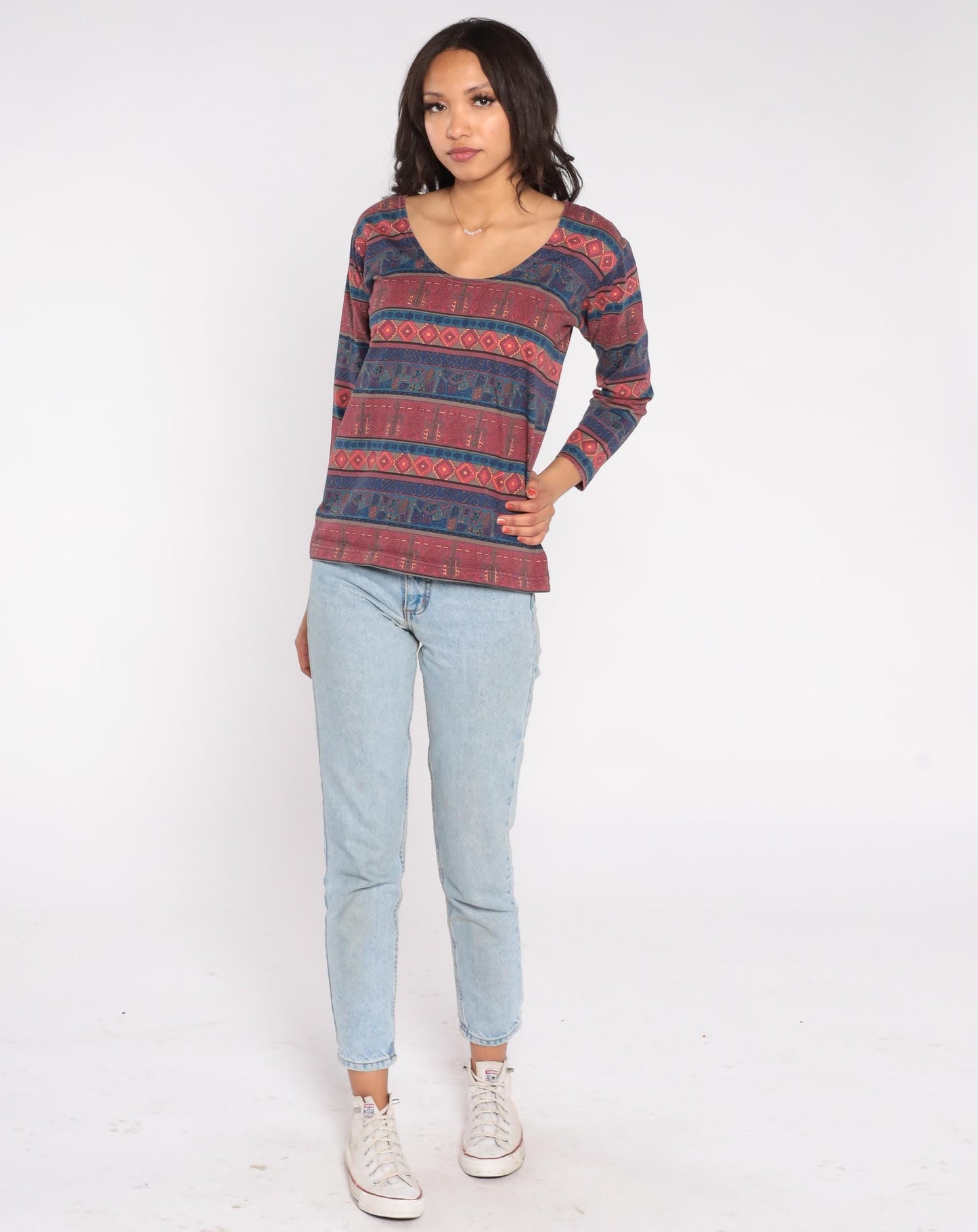 90s Chicos Design Southwestern Tribal Print Top Burgundy Navy Cotton Small