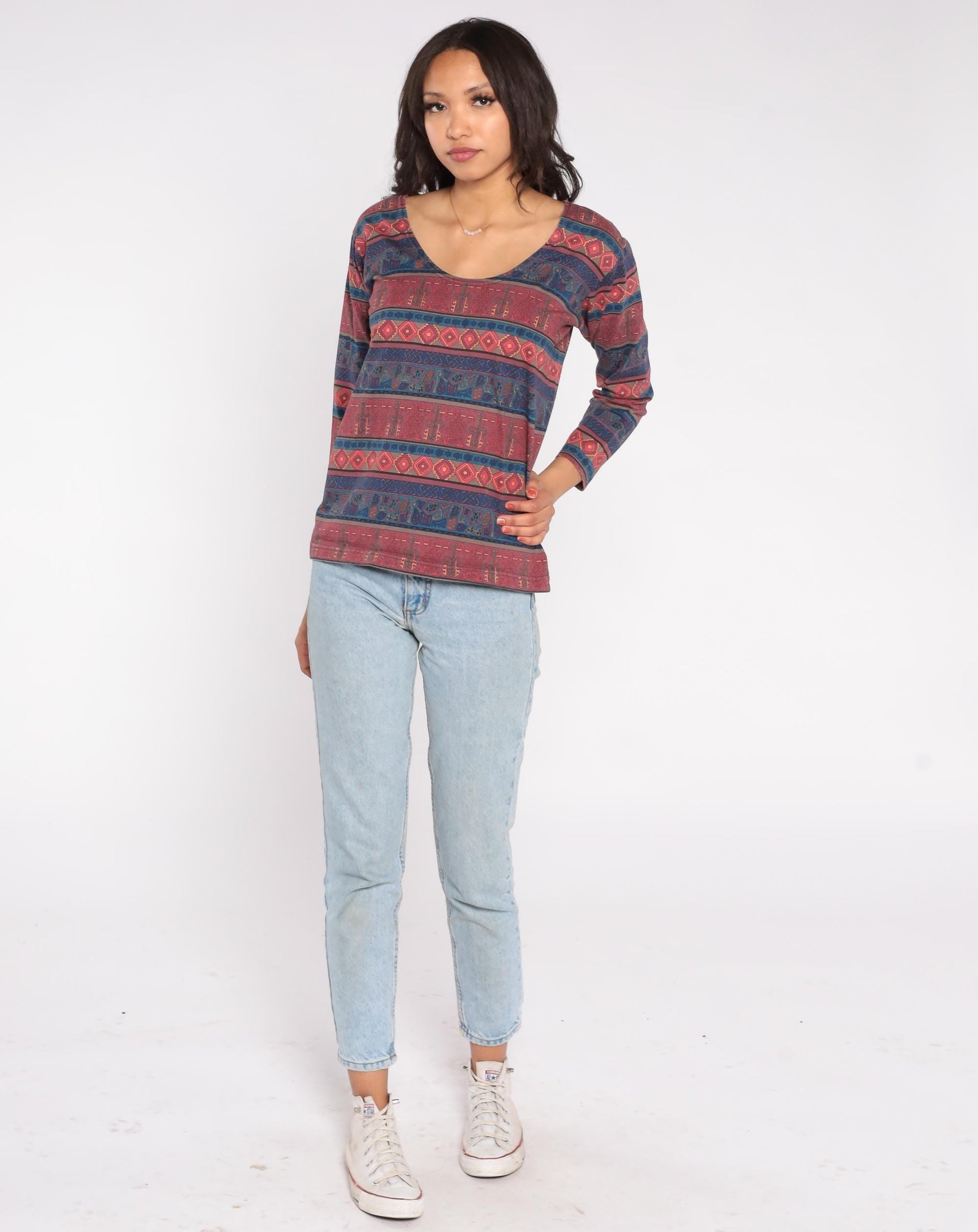 90s Chicos Design Southwestern Tribal Print Top Burgundy Navy Cotton Small