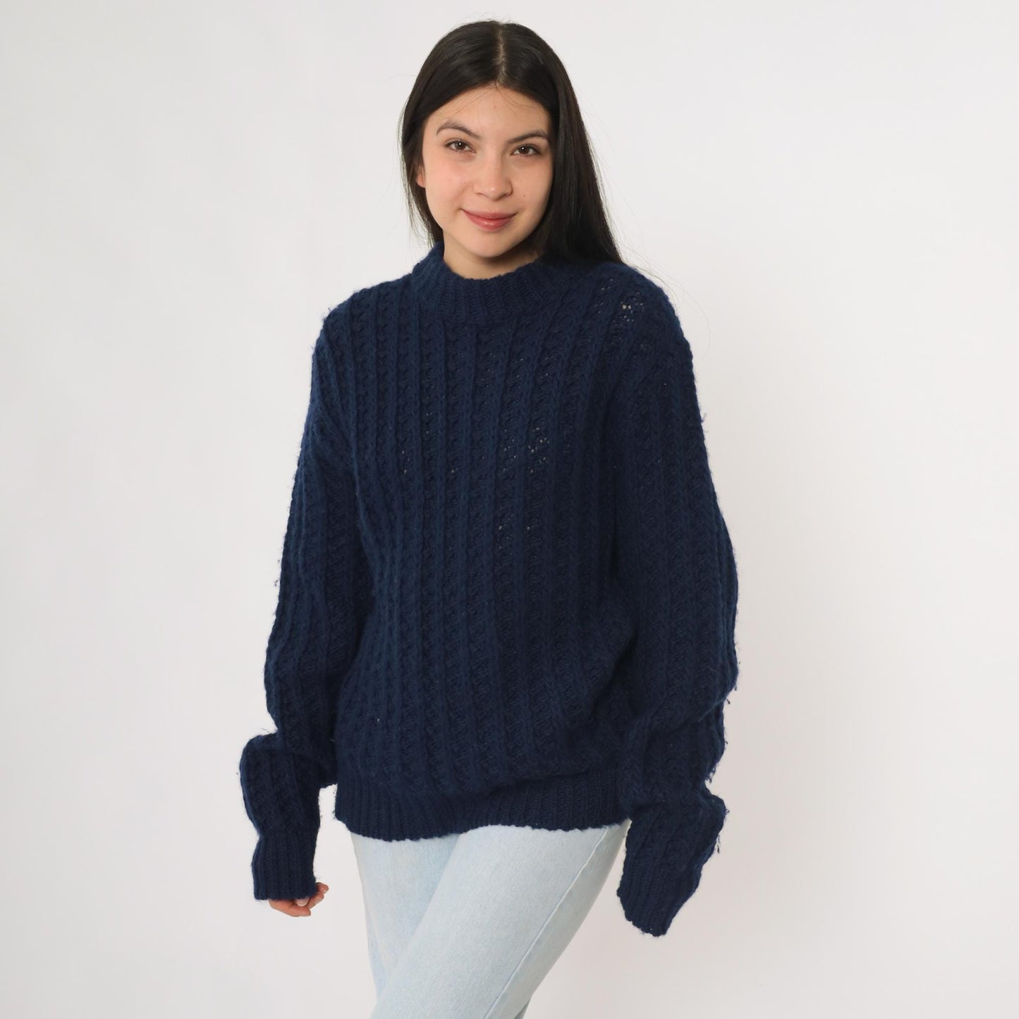 80s Robert Bruce Navy Wool Chunky Knit Crewneck Pullover Medium M