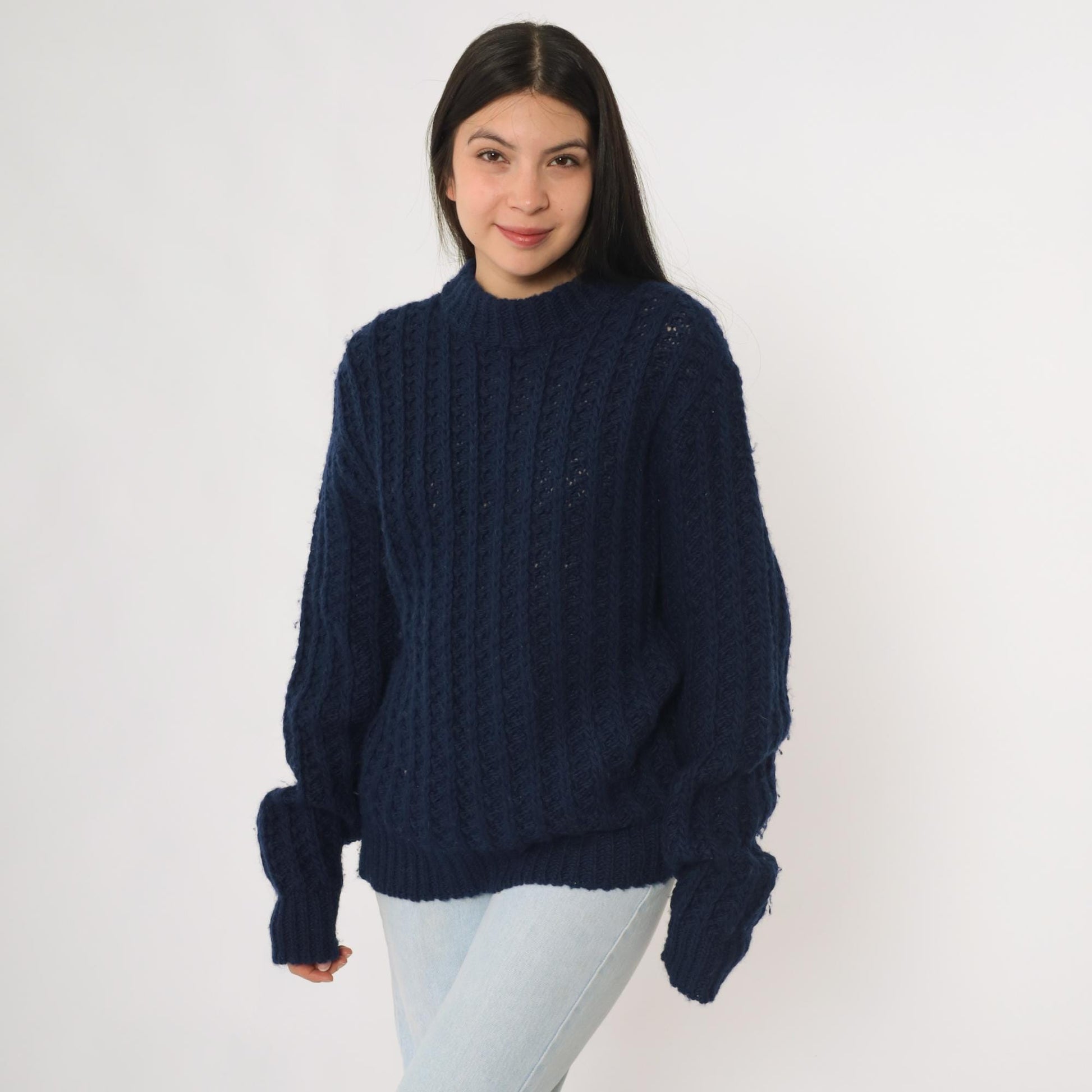 80s Robert Bruce Navy Wool Chunky Knit Crewneck Pullover Medium M