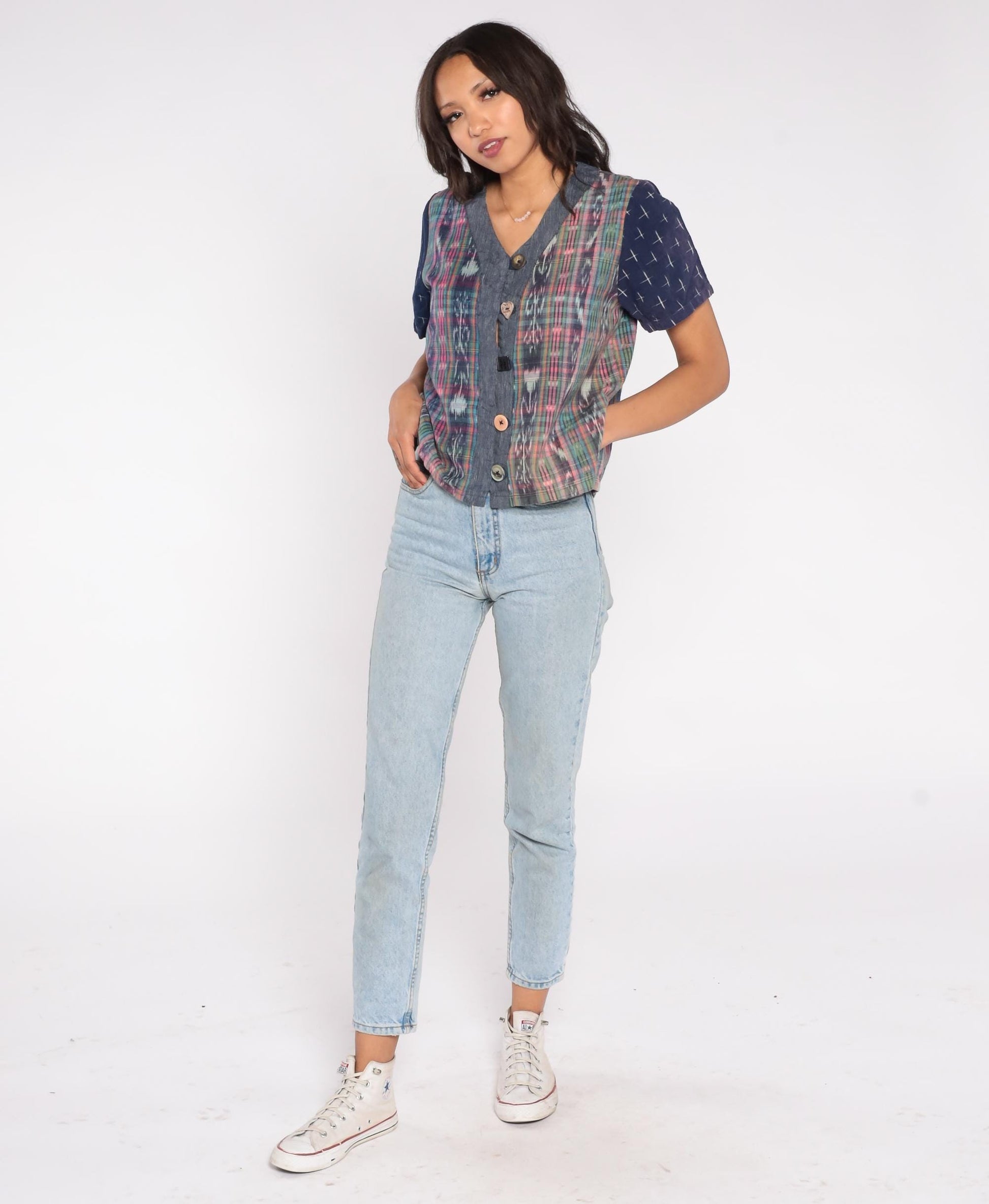90s Patchwork Button Up Ikat Print Navy Chambray Short Sleeve Small P