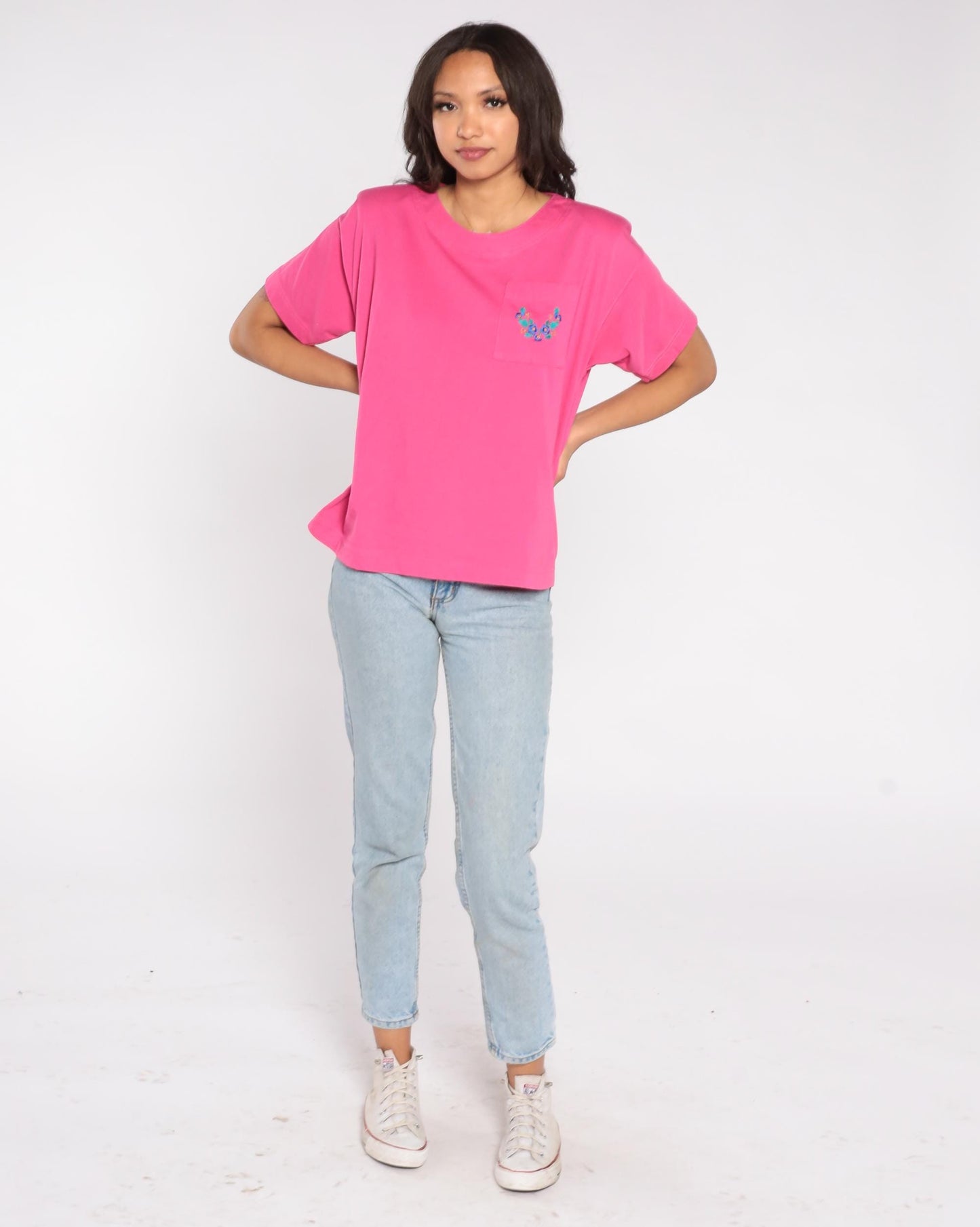 90s Colter Bay Sport Hot Pink T-Shirt Floral Embroidered Pocket Tee Large L