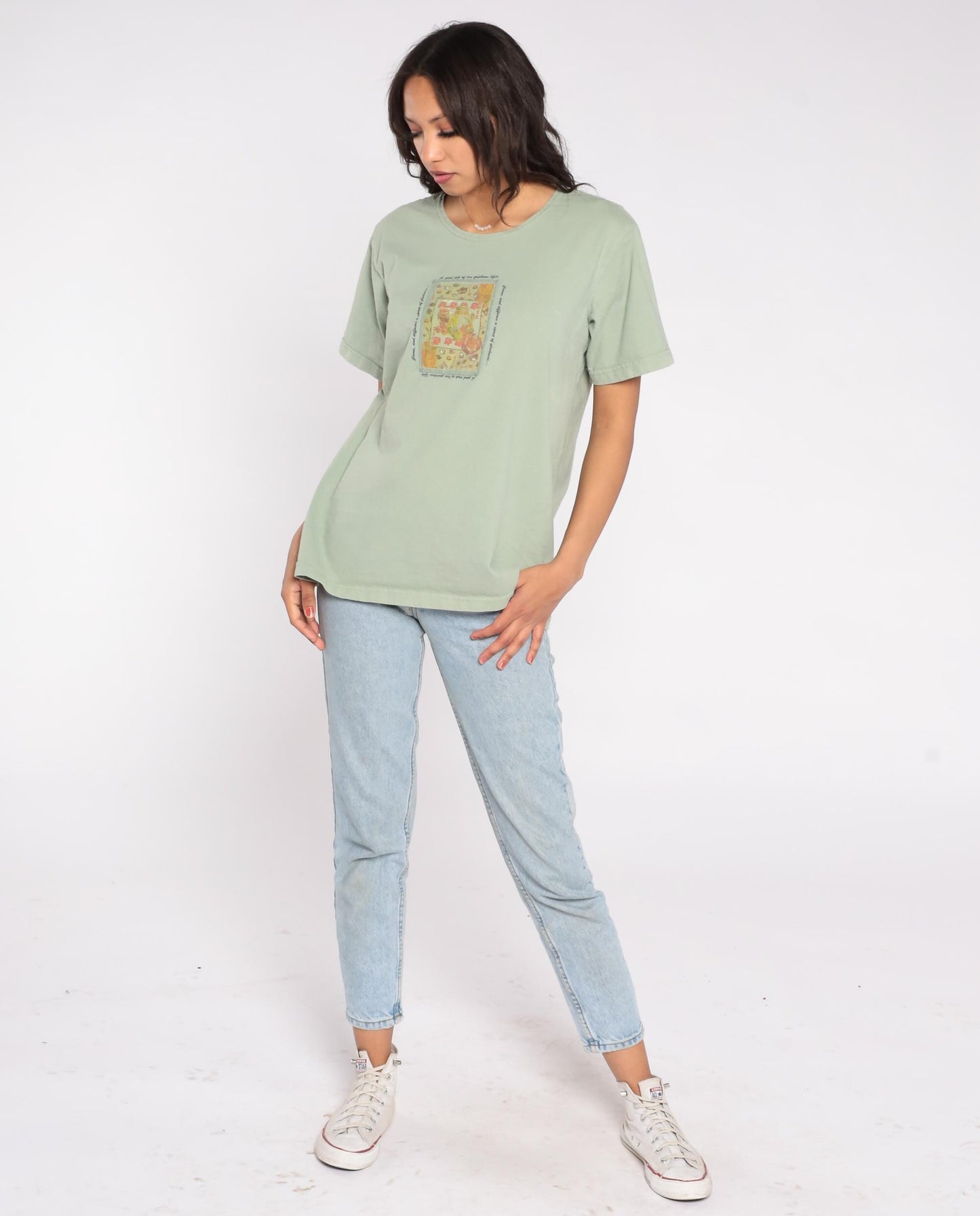 Y2K Sage Green Teapot Rose Graphic Tee Cotton Quote Print Small S