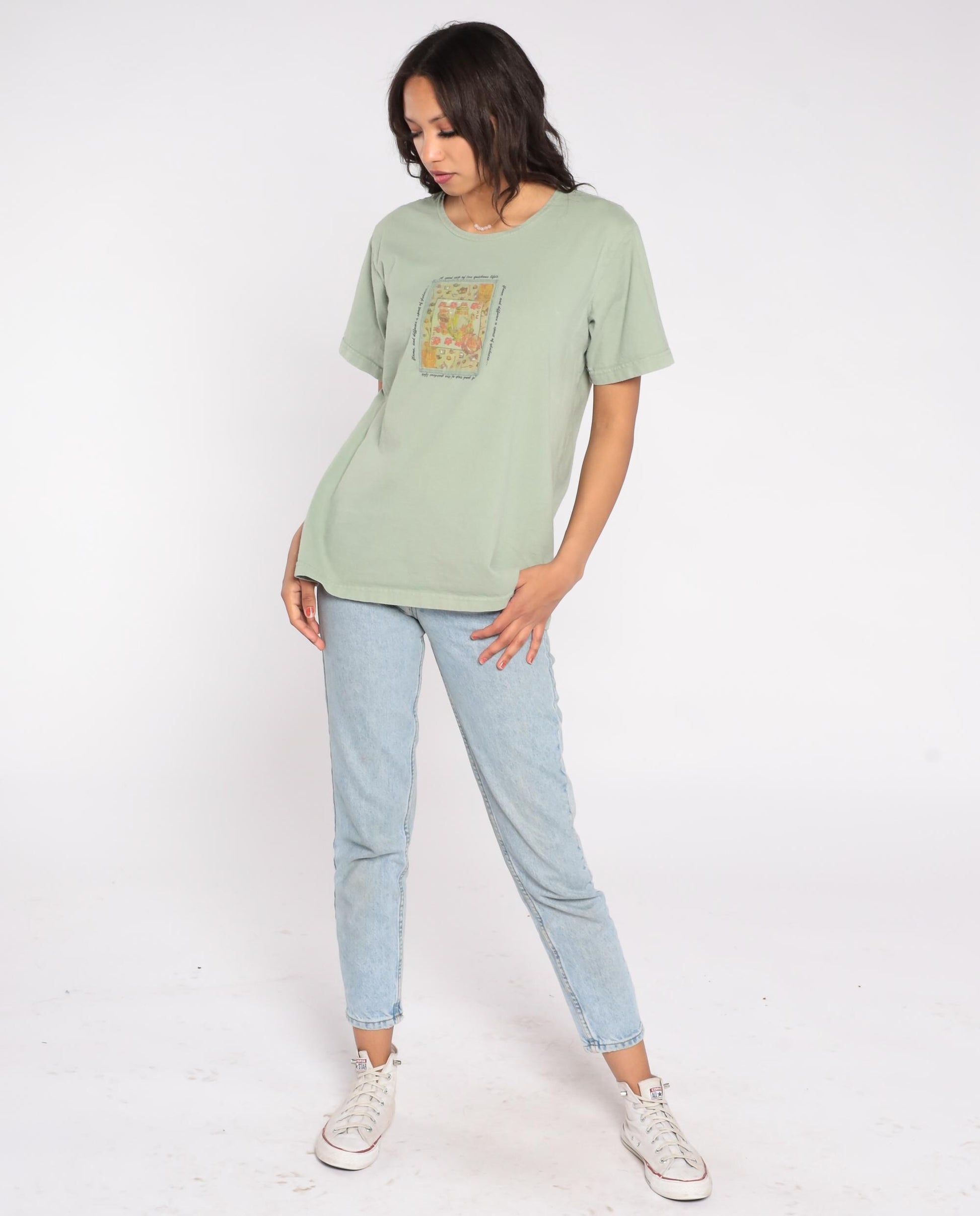 Y2K Sage Green Teapot Rose Graphic Tee Cotton Quote Print Small S