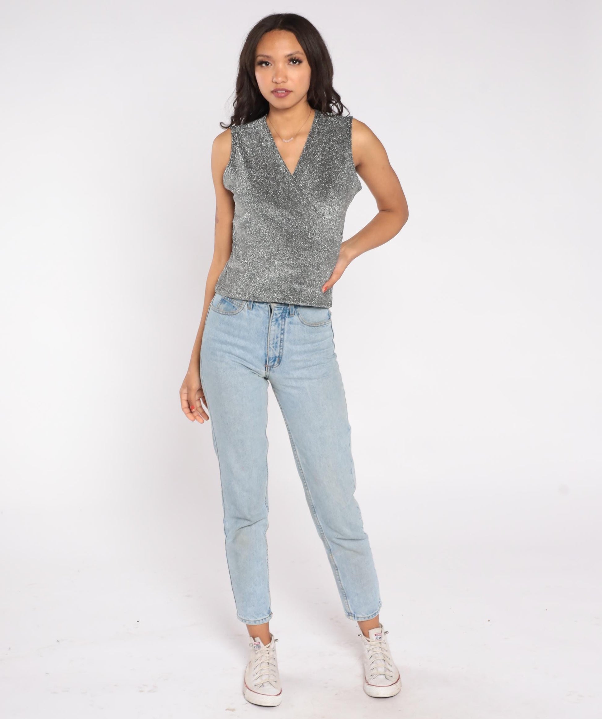 90s Jaipur Metallic Silver Wrap Tank Top Sparkle Lurex Large L