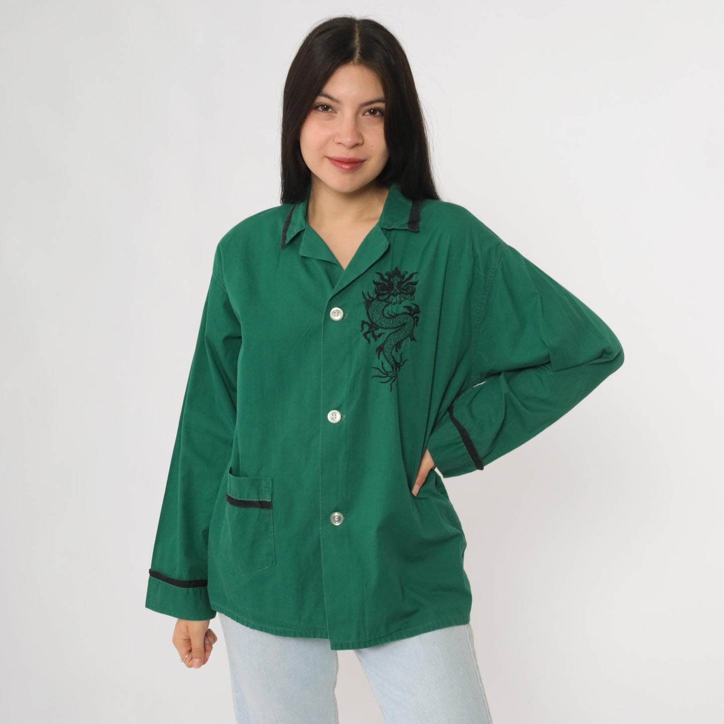 70s Dragon Embroidered Green Cotton Button Up Blouse Black Long Sleeve Large