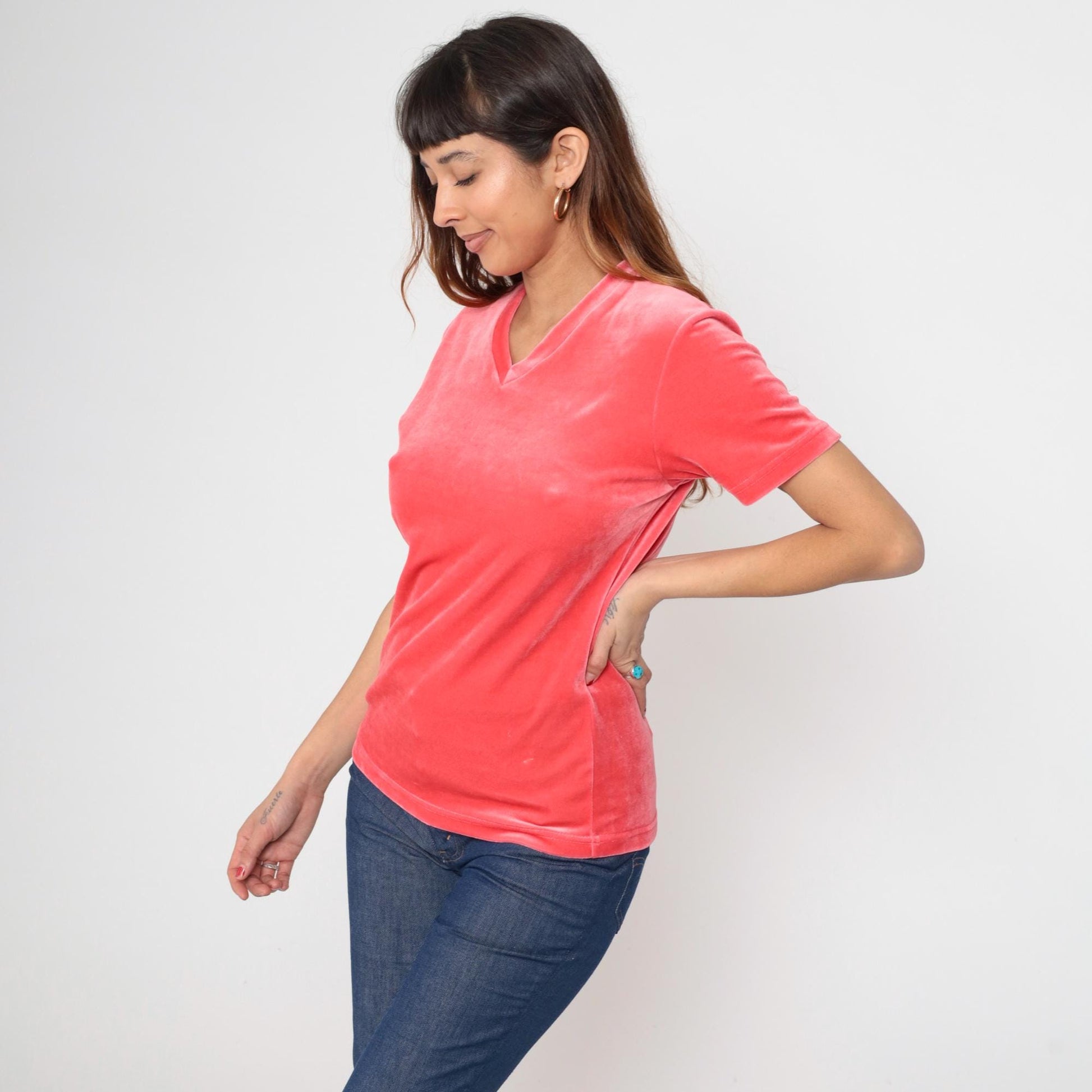 90s Coral Pink Velour V-Neck Short Sleeve Top Y2K Medium M