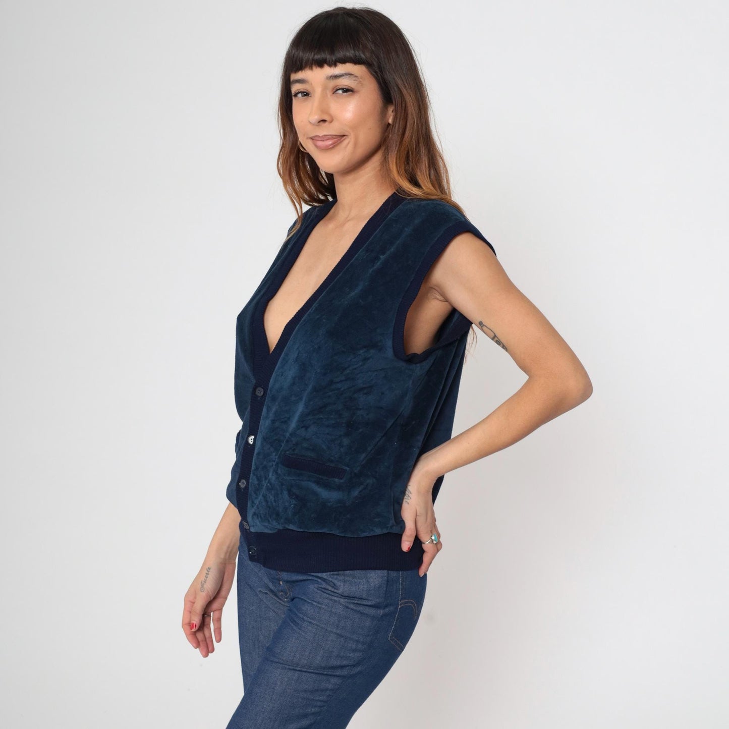 80s Navy Velvet Button Front Vest Deep V-Neck Sleeveless Large L