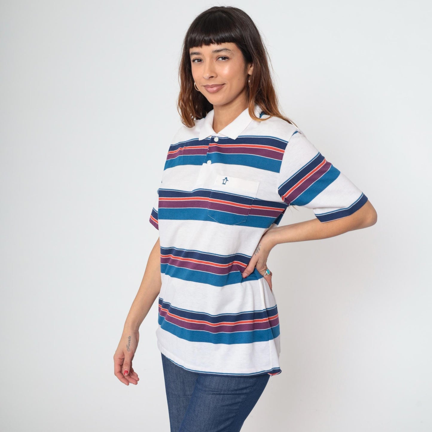 90s Penguin Club Striped Polo Shirt White Blue Purple Men's Large
