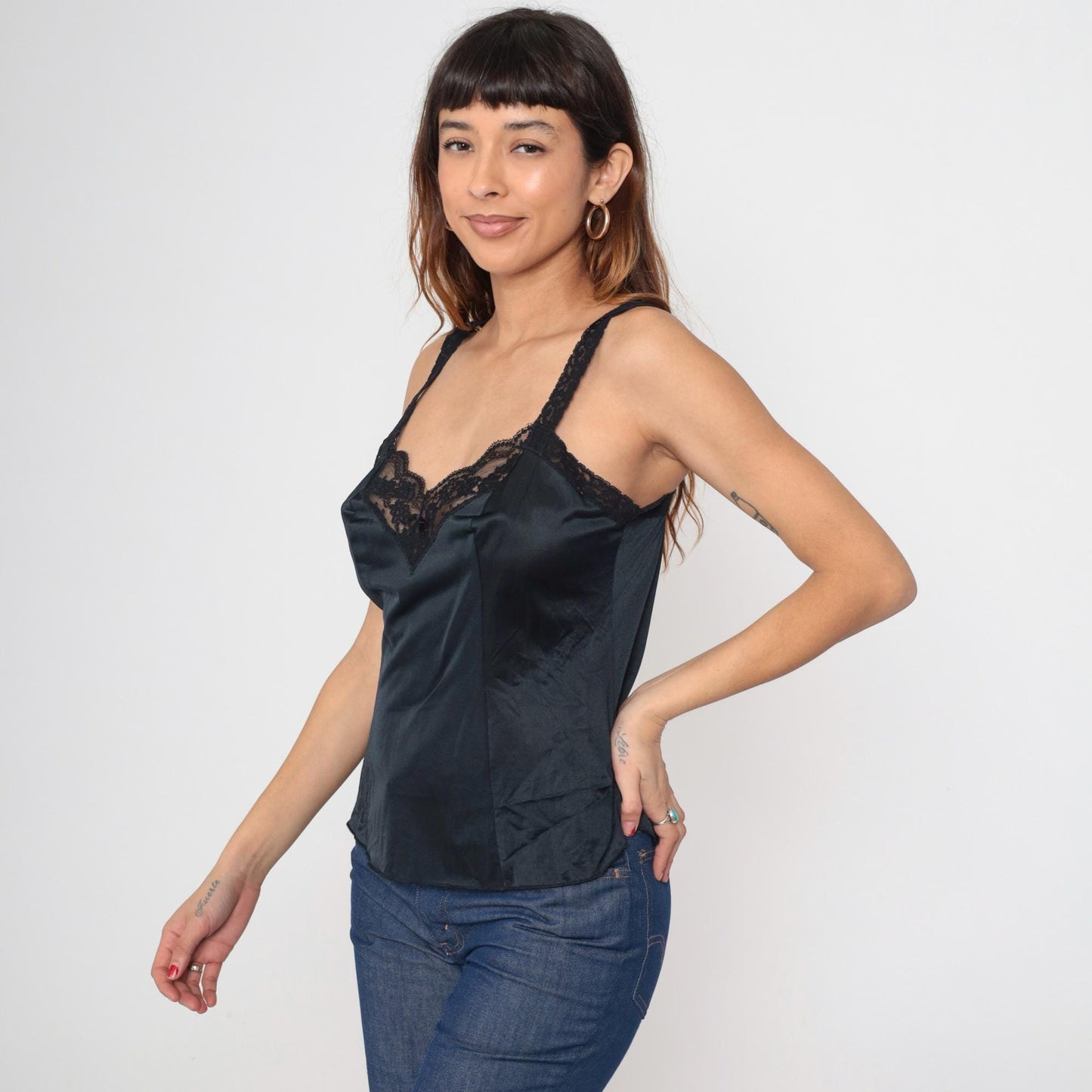 80s Black Lace Camisole Tank Top Nylon V-Neck Lingerie Cami Large L