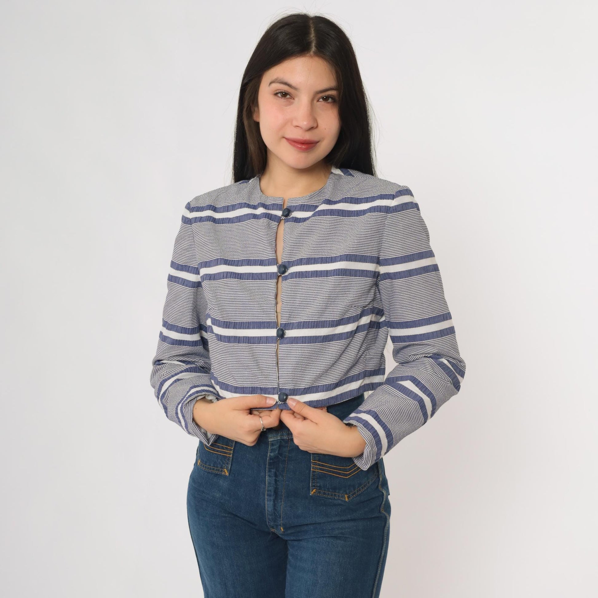 80s Gavi Striped Cropped Jacket Navy White Band Collar Size 10