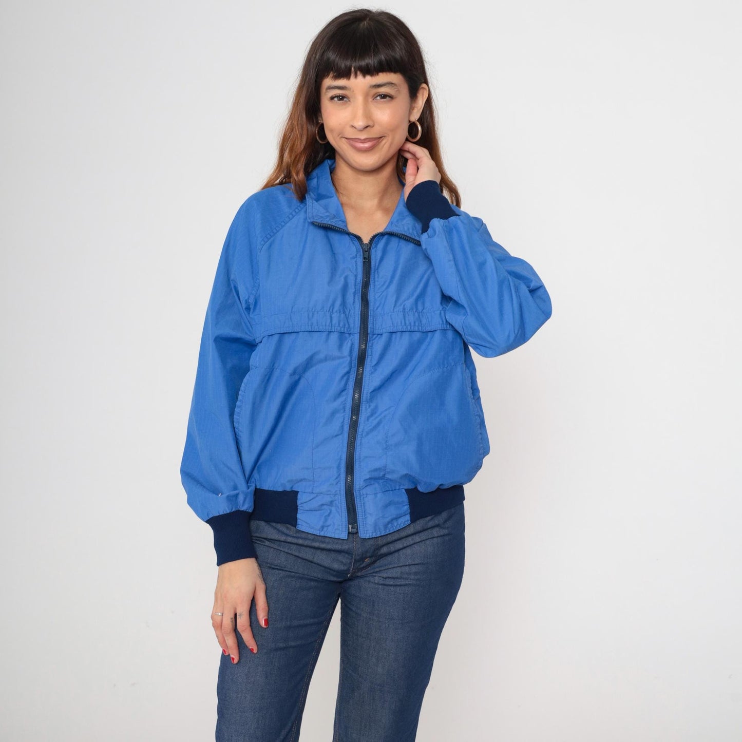 80s Royal Blue Windbreaker Jacket Raglan Sleeve Zip Up Medium M