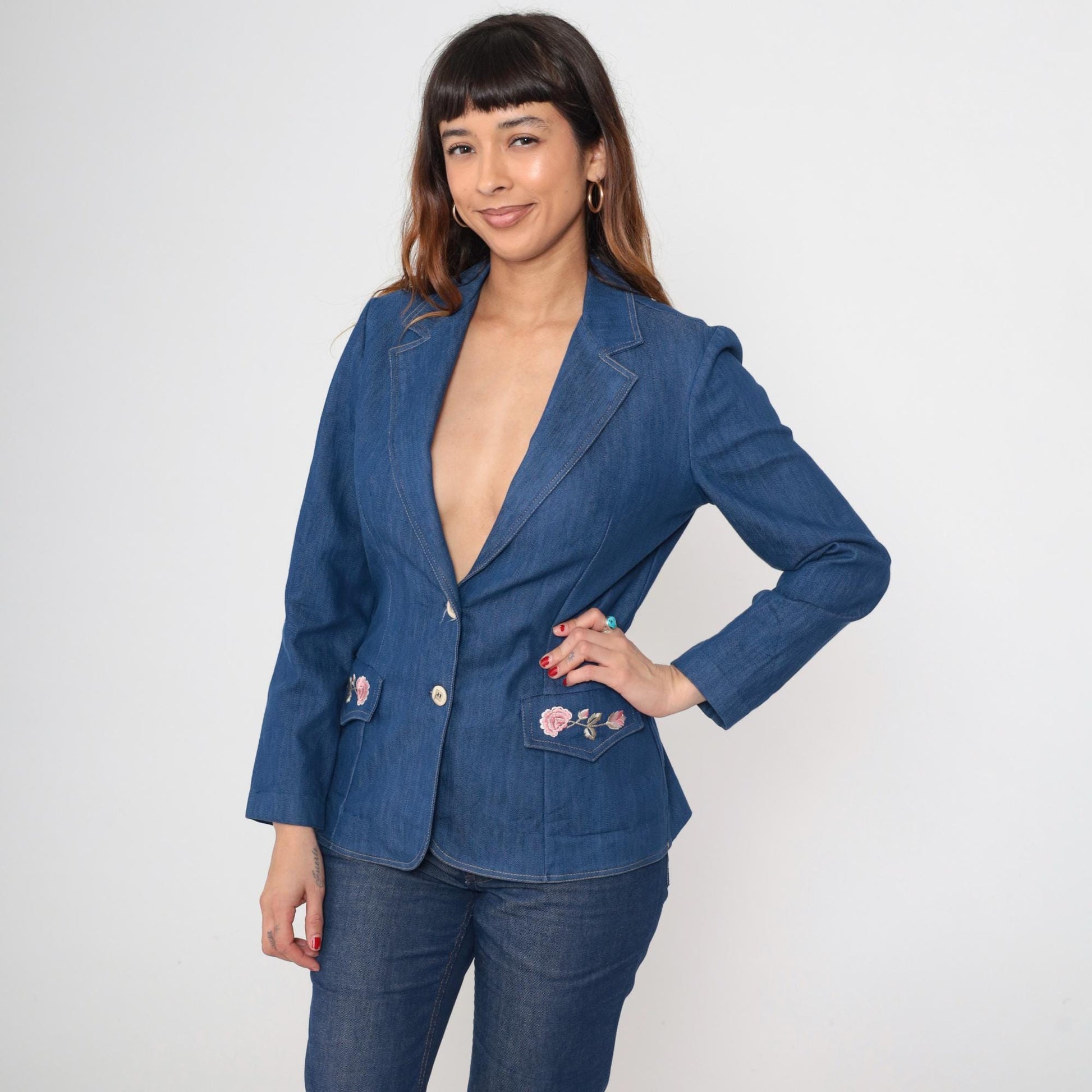 70s Embroidered Denim Blazer Pink Rose Floral Blue Jean Jacket Medium M