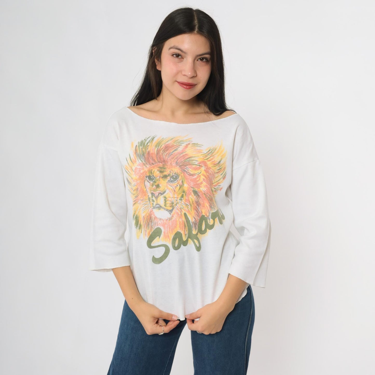 80s Lion Safari Graphic Cotton Pullover Crew Neck Tee Large L