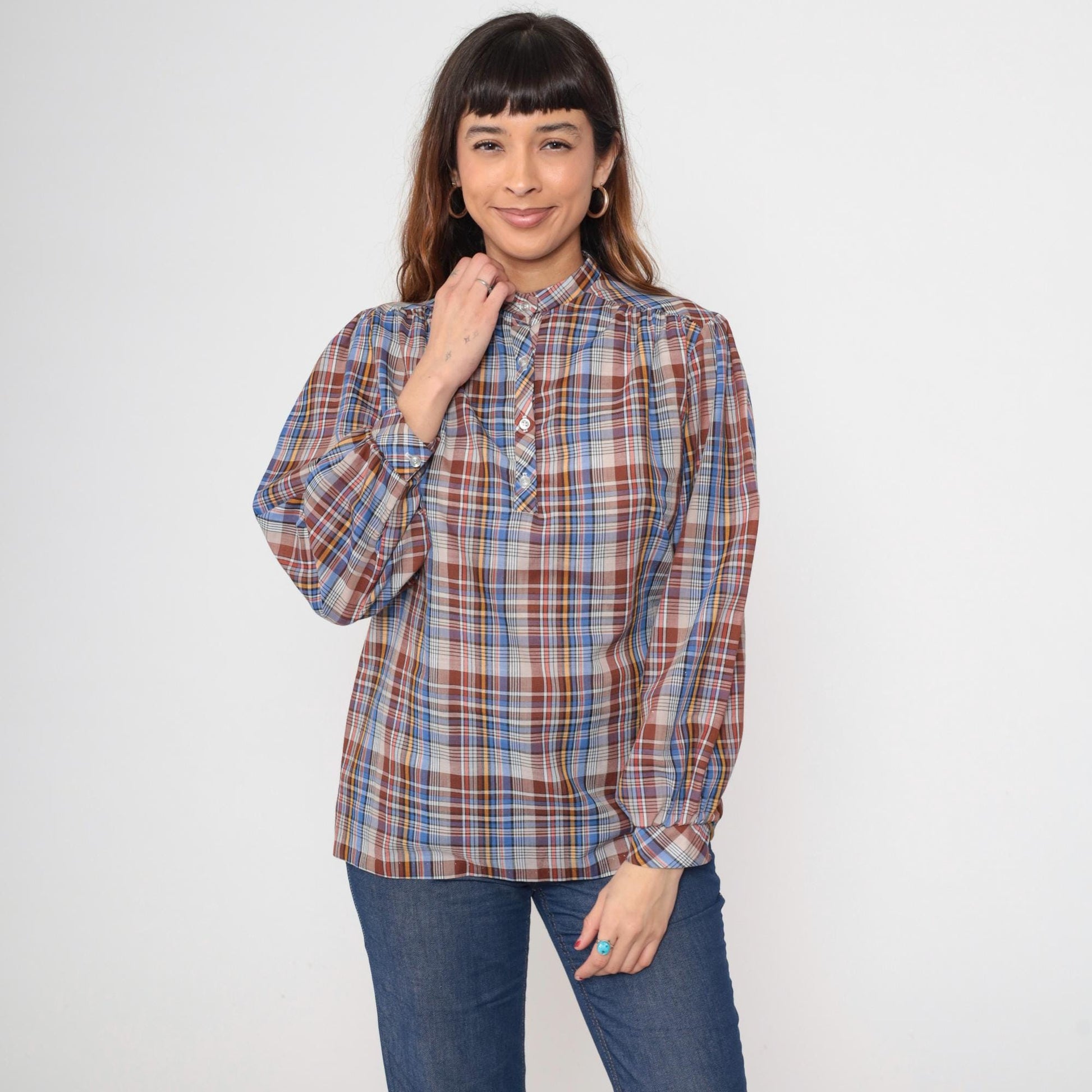 80s Plaid Blouse Mandarin Collar Puff Sleeve Brown Blue Yellow Cotton Medium M