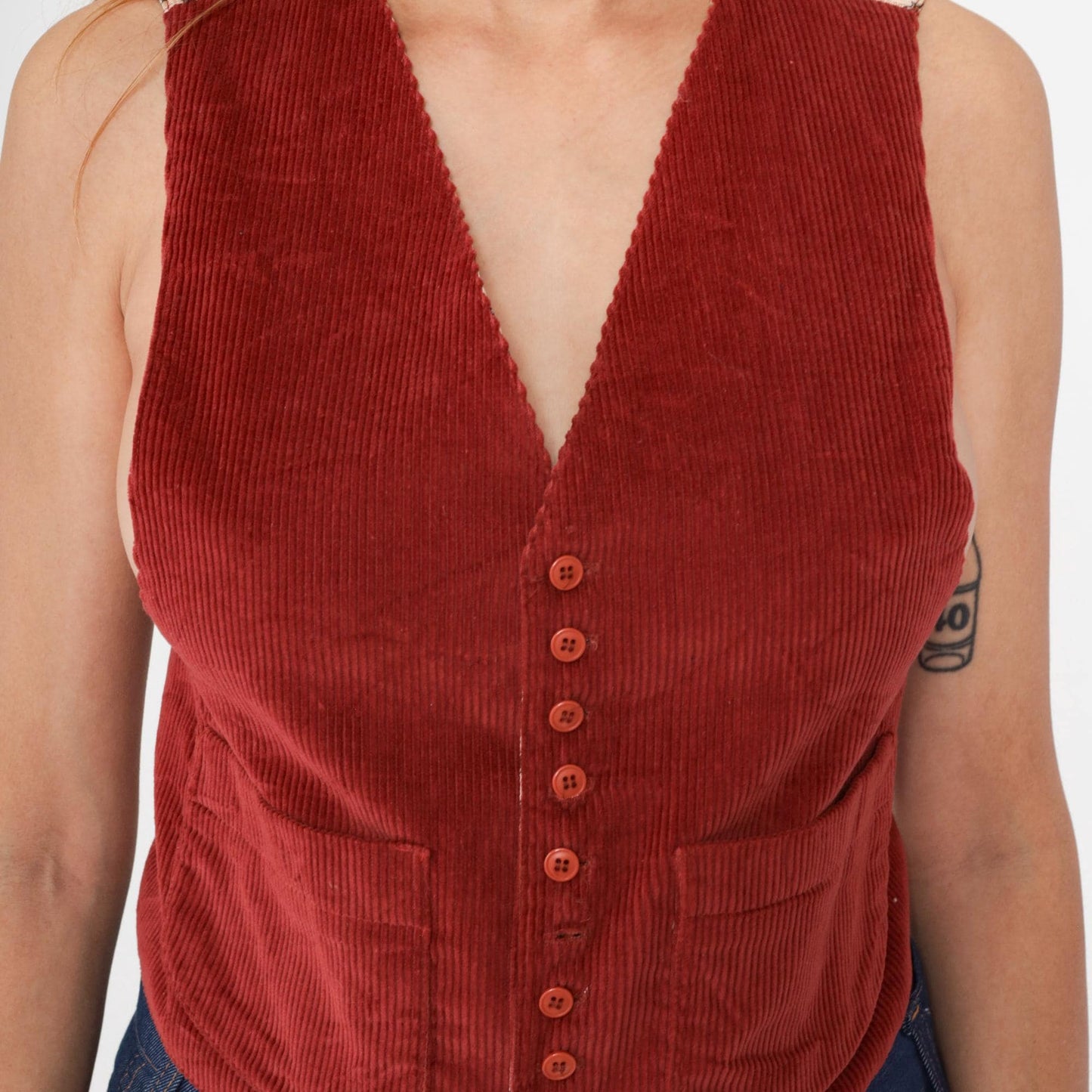 80s Rust Corduroy Vest Paisley Back Deep V-Neck Button Front Medium