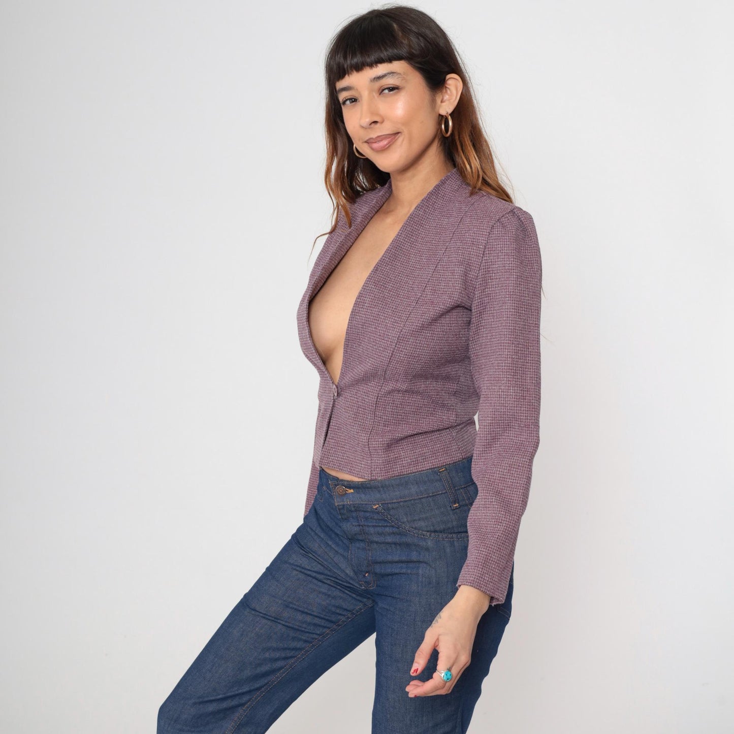 80s Mauve Cropped Blazer Plunge Neckline Padded Shoulders Small S