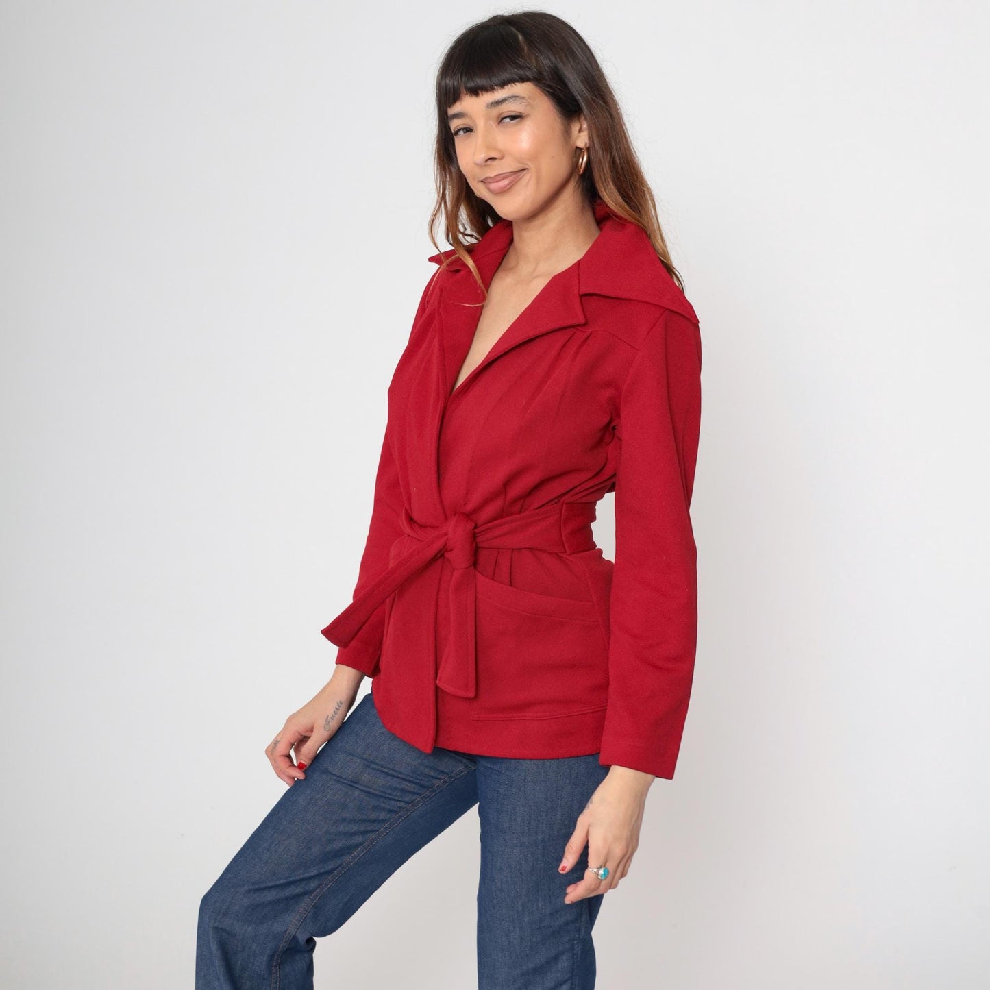 70s Red Wrap Jacket Belted Waist Wide Lapel Deep V Neck Medium