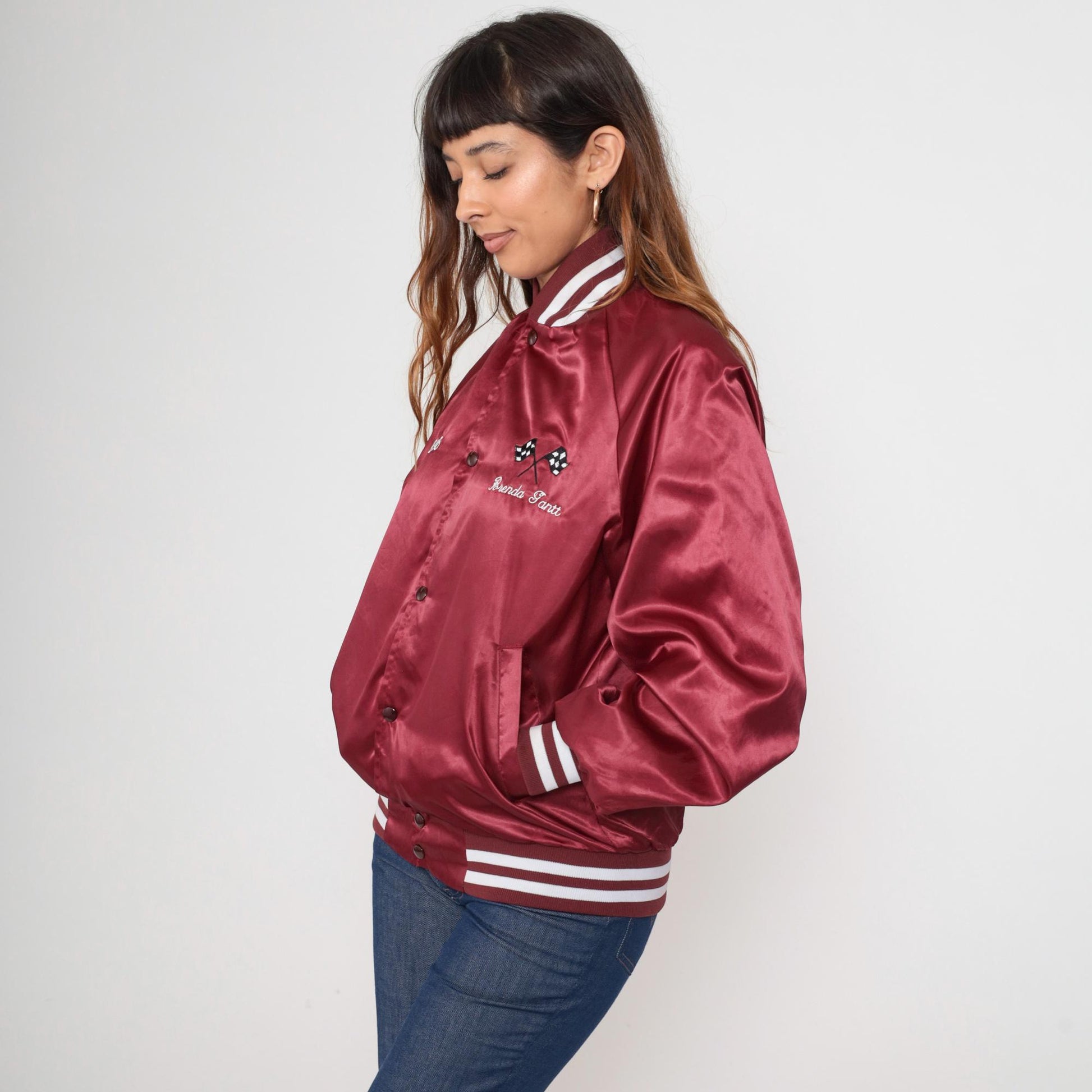 90s Duke City Raceway Maroon Satin Bomber Jacket Embroidered Racing Medium