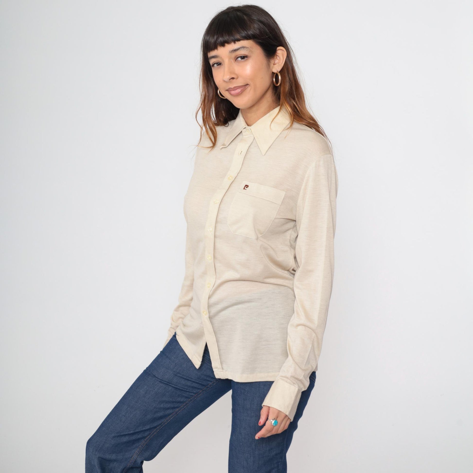 80s Pierre Cardin Beige Dress Shirt Long Sleeve Button Down Point Collar Medium