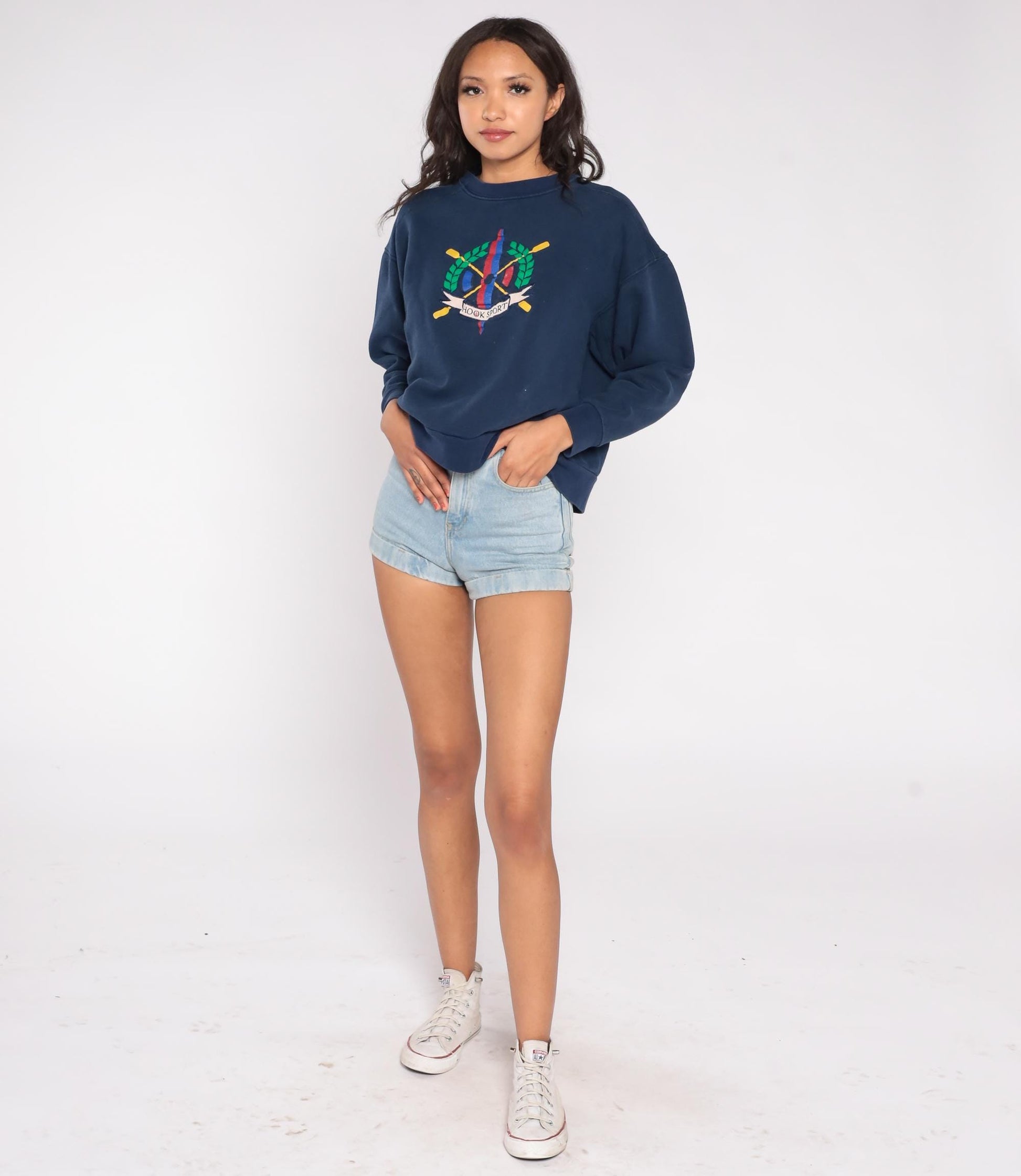 90s Hook Sport Rowing Crest Navy Sweatshirt Crossed Oars Graphic Large L