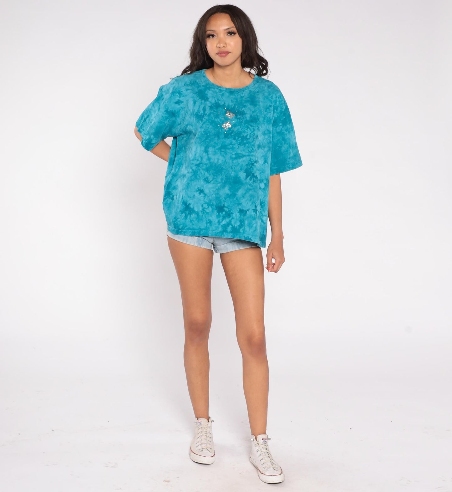 90s Cactus Bay Tie Dye Butterfly T-Shirt Teal Rhinestone Cotton Large L