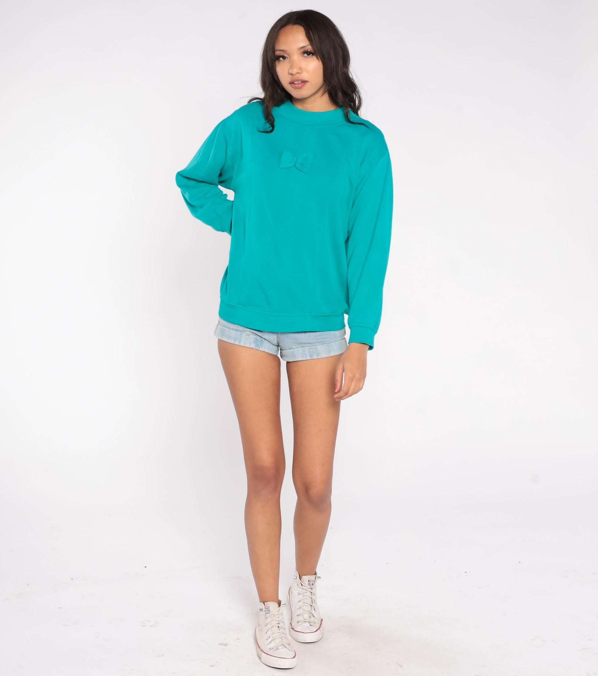 90s Teal Sweatshirt Bow Applique Mock Neck Pullover Medium M