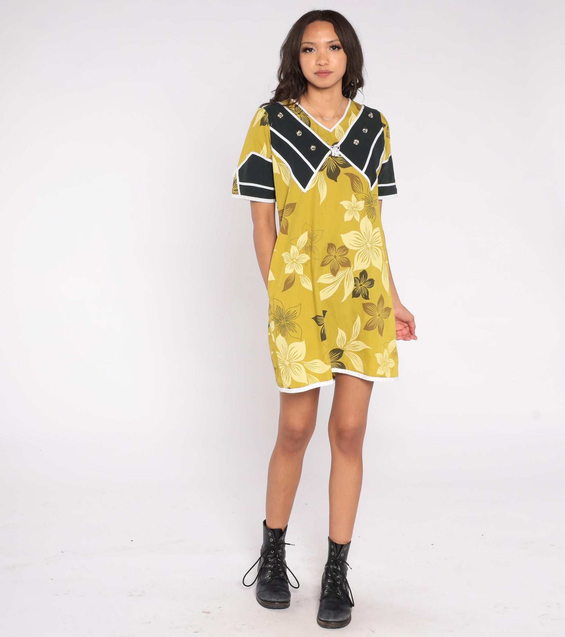 90s Floral Mini Dress Chartreuse Olive Sailor Collar Tropical Print Medium M