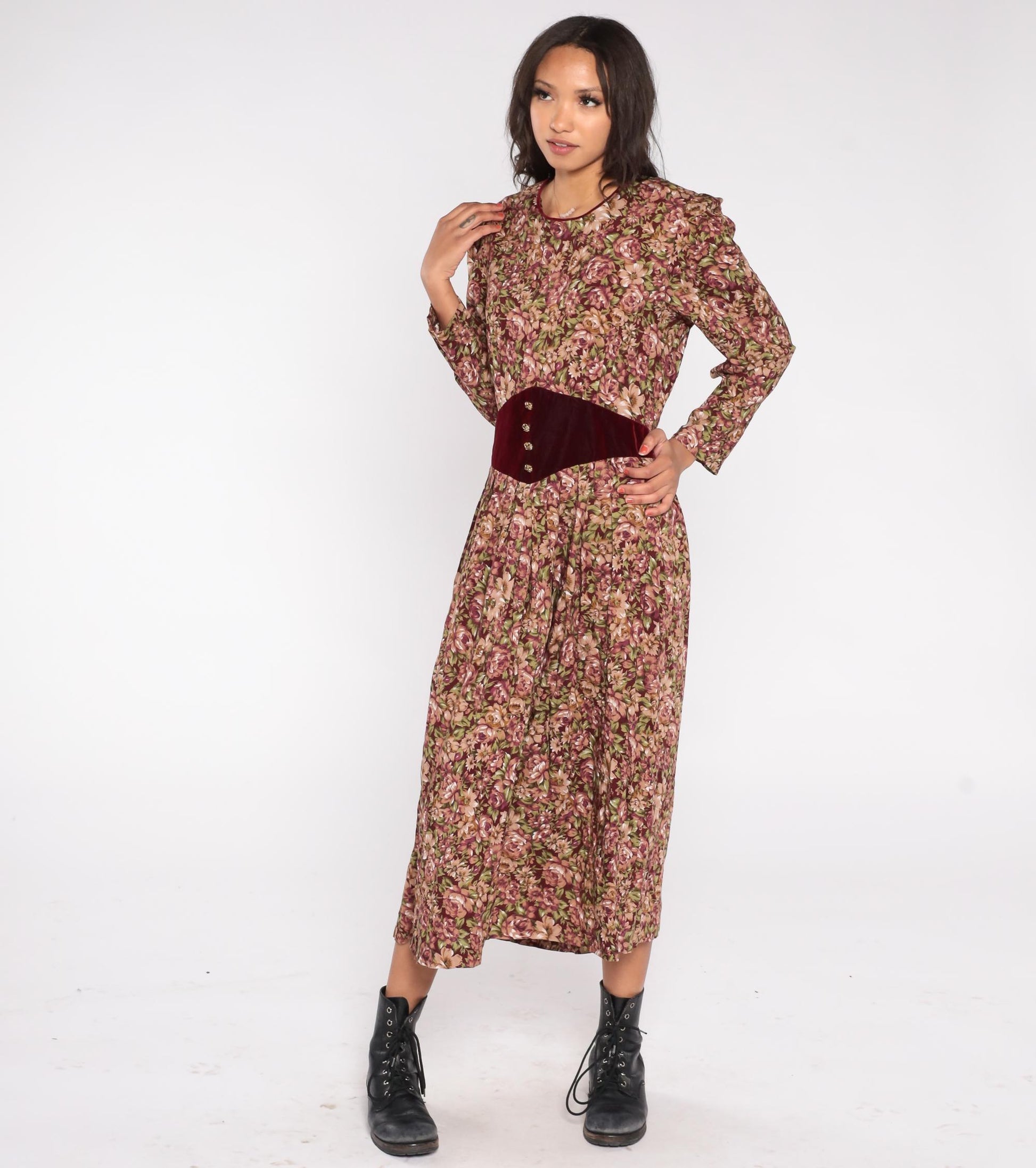 90s Miss Dorby Floral Velvet Midi Dress Burgundy Rose Long Sleeve Large