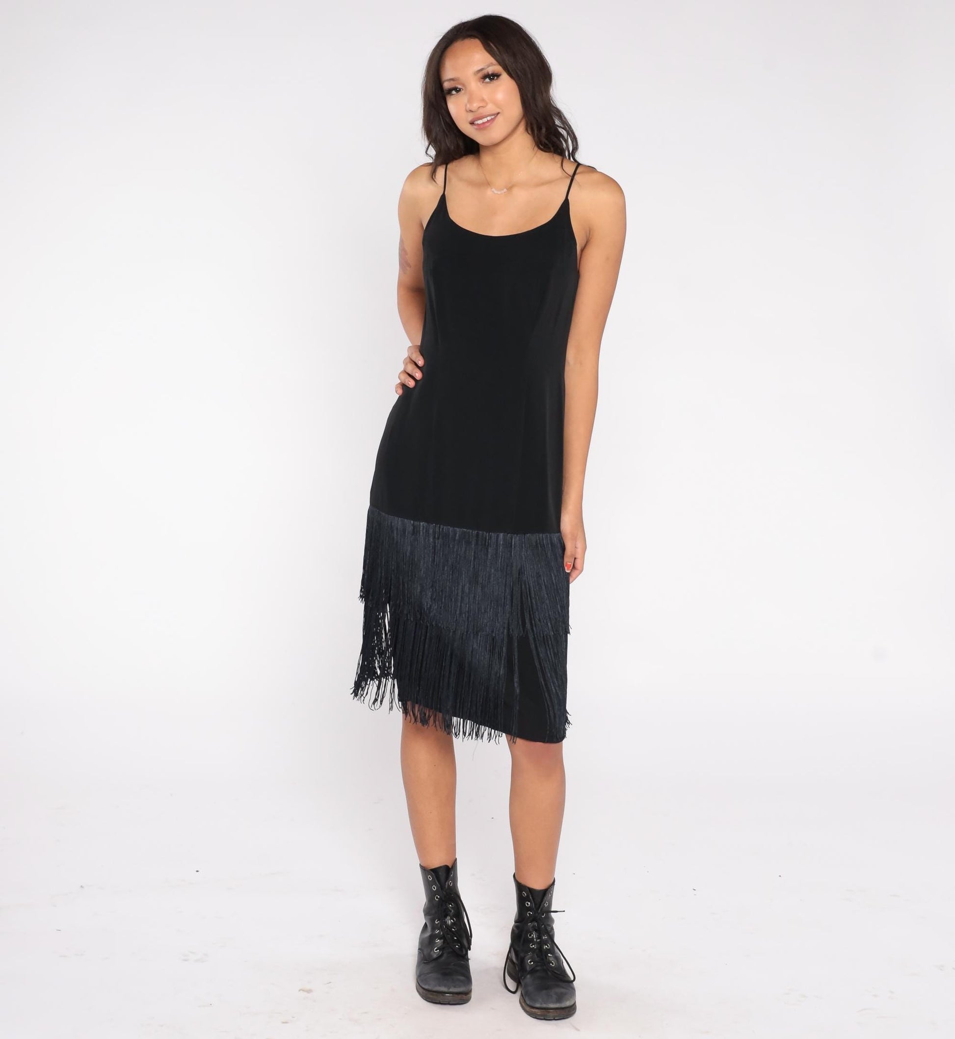 90s BB Collection Black Fringe Slip Dress Spaghetti Strap Cocktail Small