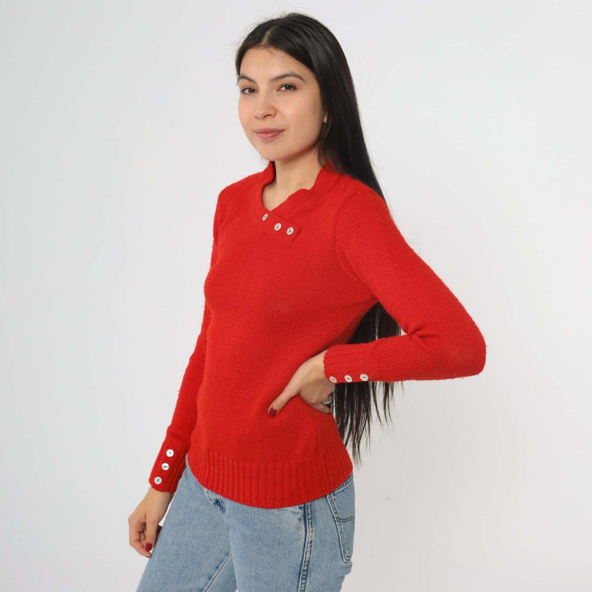 80s Red Knit Sweater Preppy Crewneck Button Detail Small