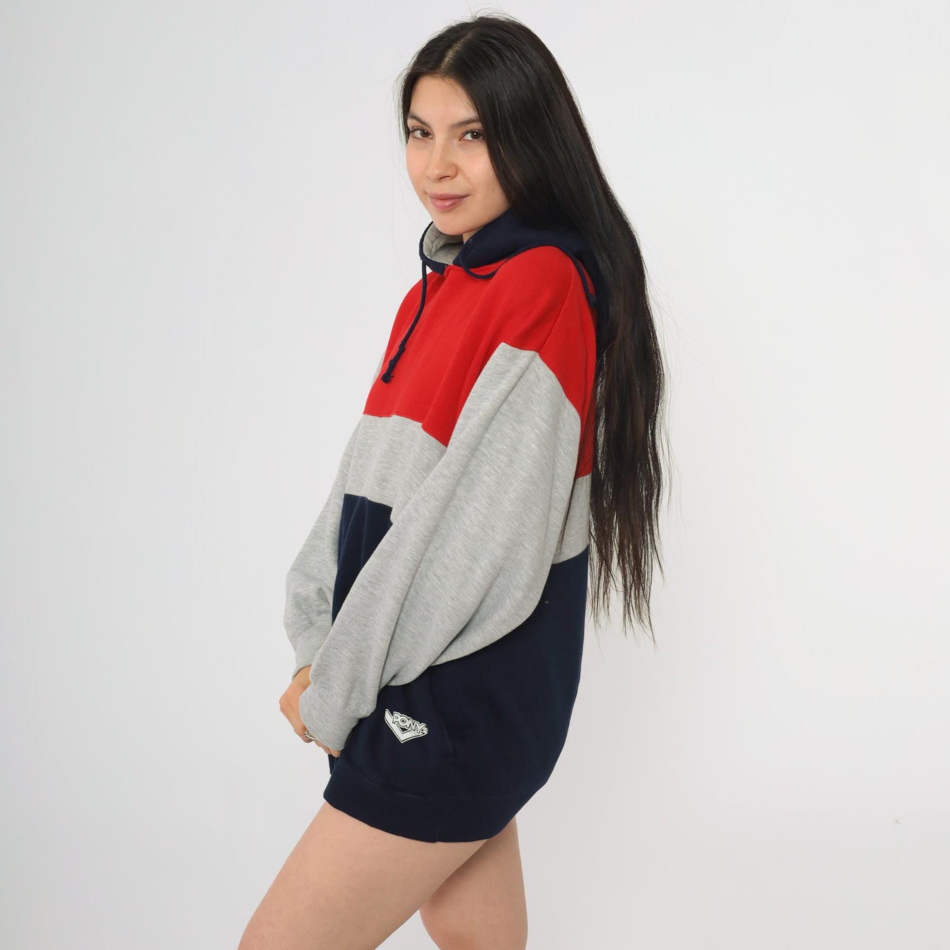 90s Pony Colorblock Hoodie Red Grey Navy Pullover Large L