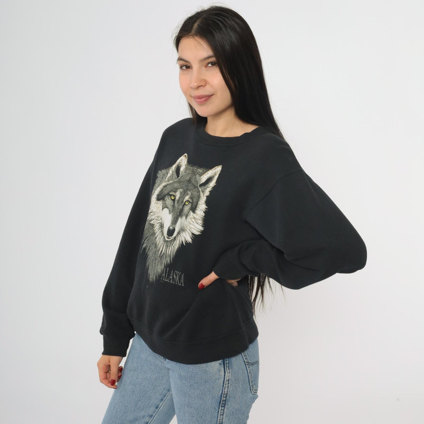 Y2K Wolf Alaska Graphic Sweatshirt Black Crewneck Small S